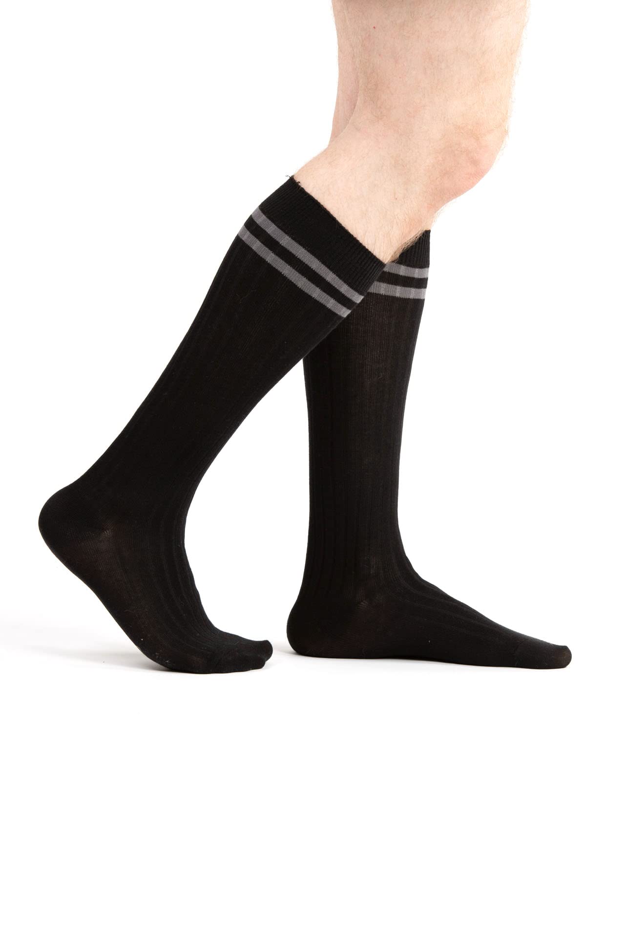 4 Pack Men's Knee High Cotton Striped Dress Socks - Over The Calf Formal Socks for Business & Office (Size 9-11) - Perfect for Work, Dress Shoes & Professional Outfits
