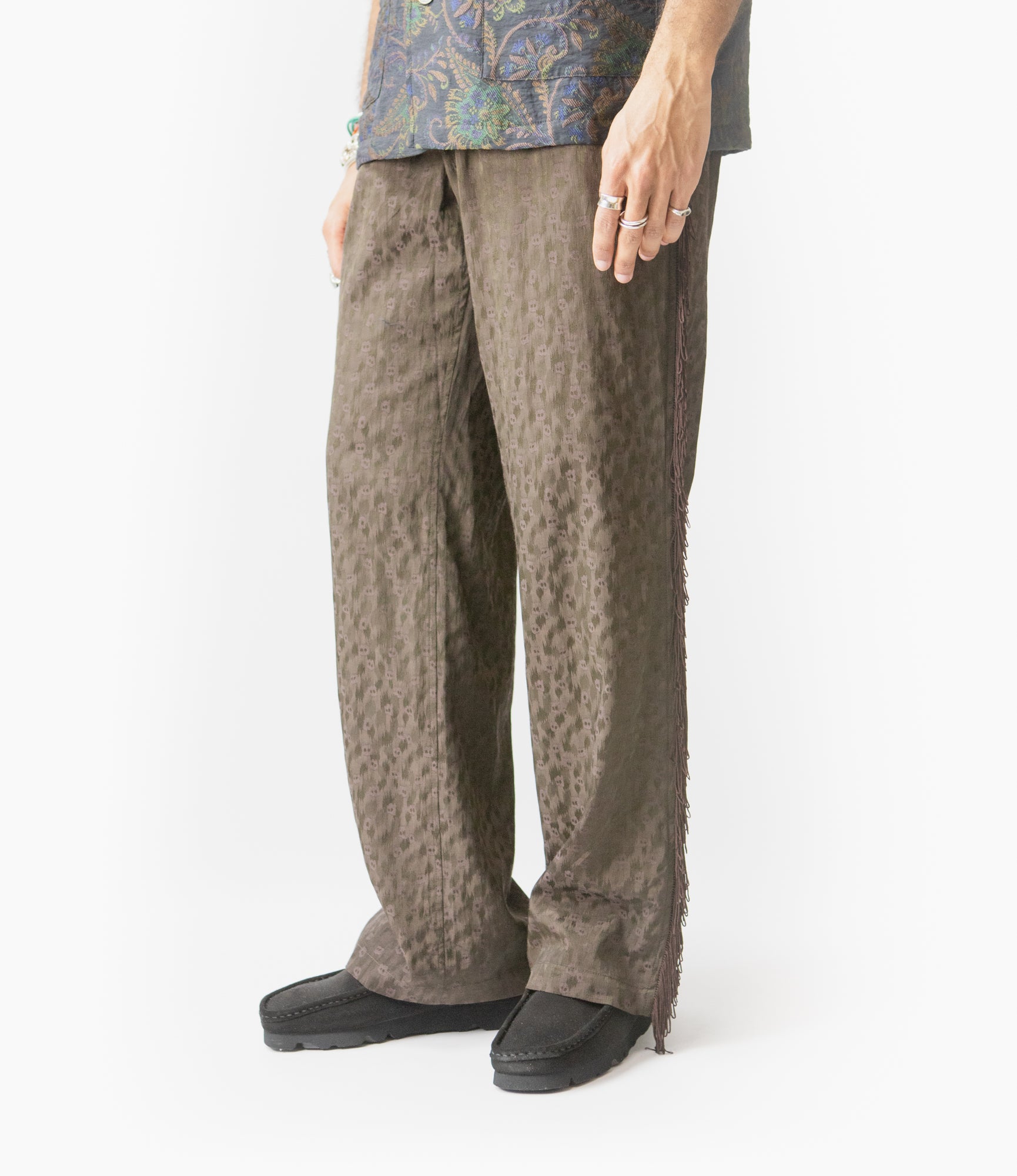 Brown Leopard Jacquard Rayon Fringe String Pants - Boho Chic High Waisted Palazzo Pants for Women, Perfect for Music Festivals & Beach Vacations