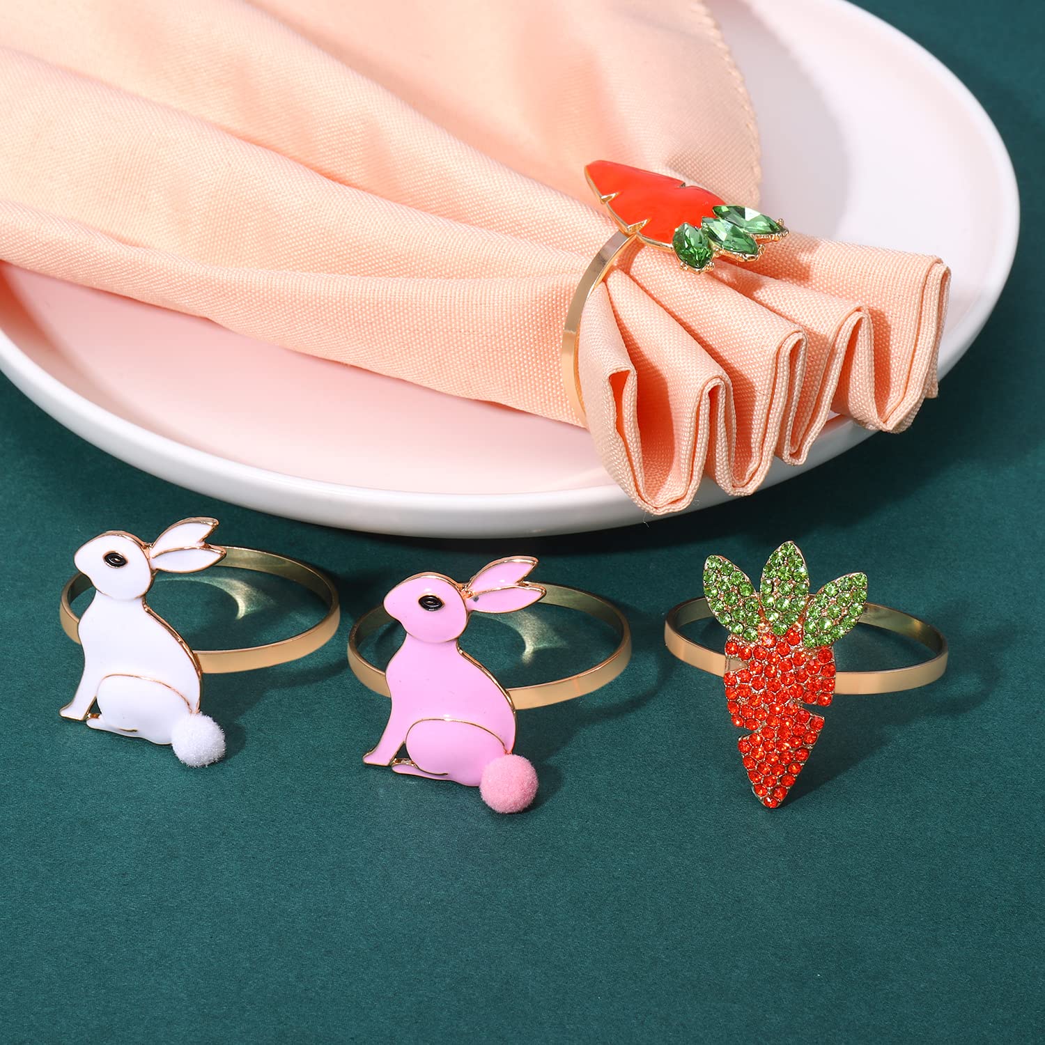 Easter Bunny Napkin Rings Set of 6 - Gold Metal Rhinestone Napkin Holders for Holiday Party Dinner Table Decor - Perfect for Easter Brunch, Spring Celebrations & Festive Dining Decorations