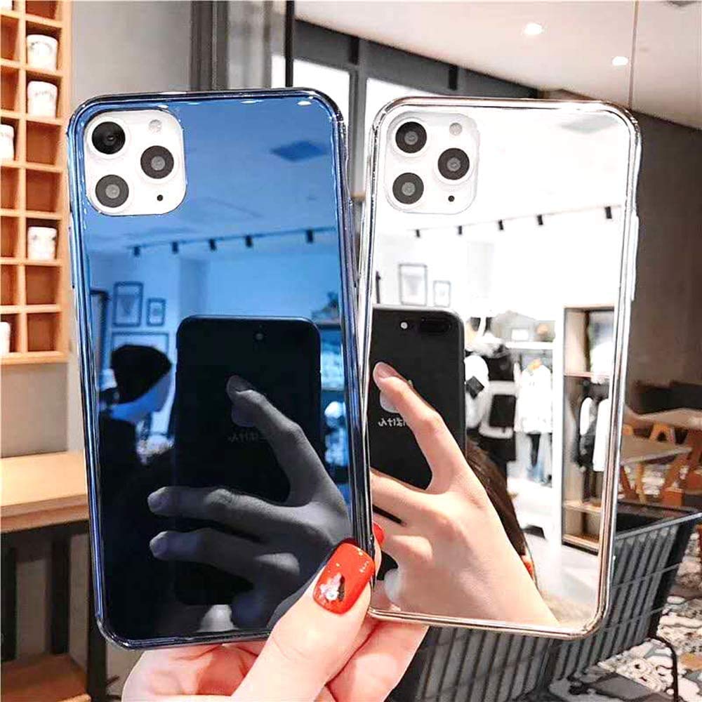 Luxury Fashion Mirror Case for iPhone 12/12 Pro - Soft TPU Bumper Frame, Shockproof Tempered Glass Back Cover with Glitter Design - Trendy Phone Case for Women & Girls (Blue) - Perfect for Parties, Dating & Everyday Use