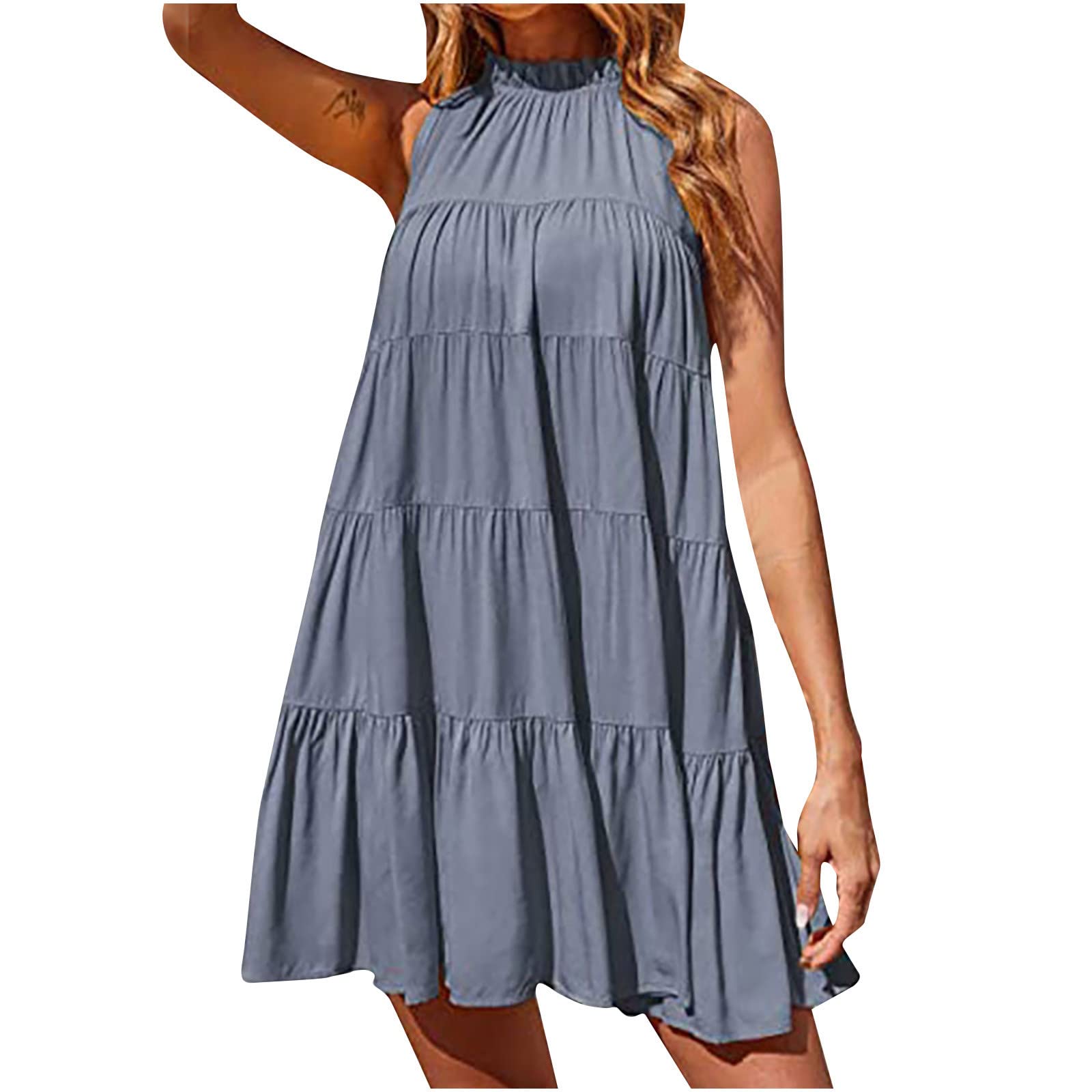 JEGULV Women's Cute Babydoll Tiered Mini Dress - Summer Casual Sleeveless Halter Dress, Flowy Loose Swing Pleated Boho Style - Perfect for Beach Vacations, Music Festivals & Date Nights