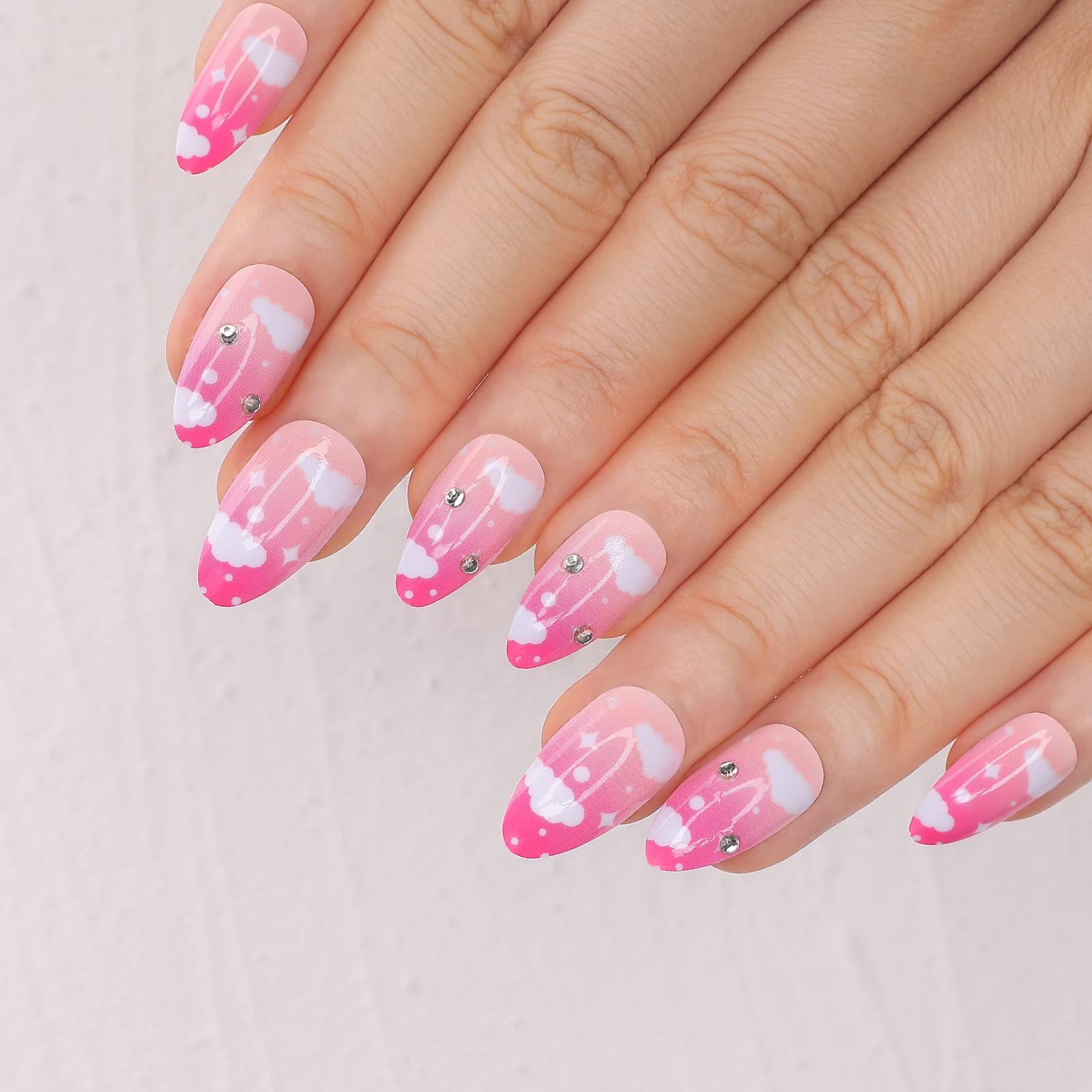 24PCS Medium Length Almond Press On Nails - Ombre Pink Acrylic Fake Nails with White Cloud & Crystal Design | Glossy Artificial Stick On Nails for Women | Perfect for Parties, Weddings & Everyday Manicures
