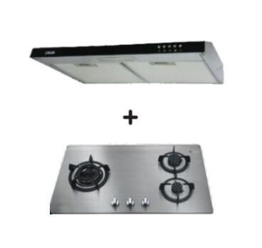 Ellane 60cm/90cm Slimline Range Hood with Black Glass Panel EH 9160 + Ellane OS 812SV 86cm 3-Burner Gas Cooktop - Modern Kitchen Ventilation & Cooking Combo for Home Chefs