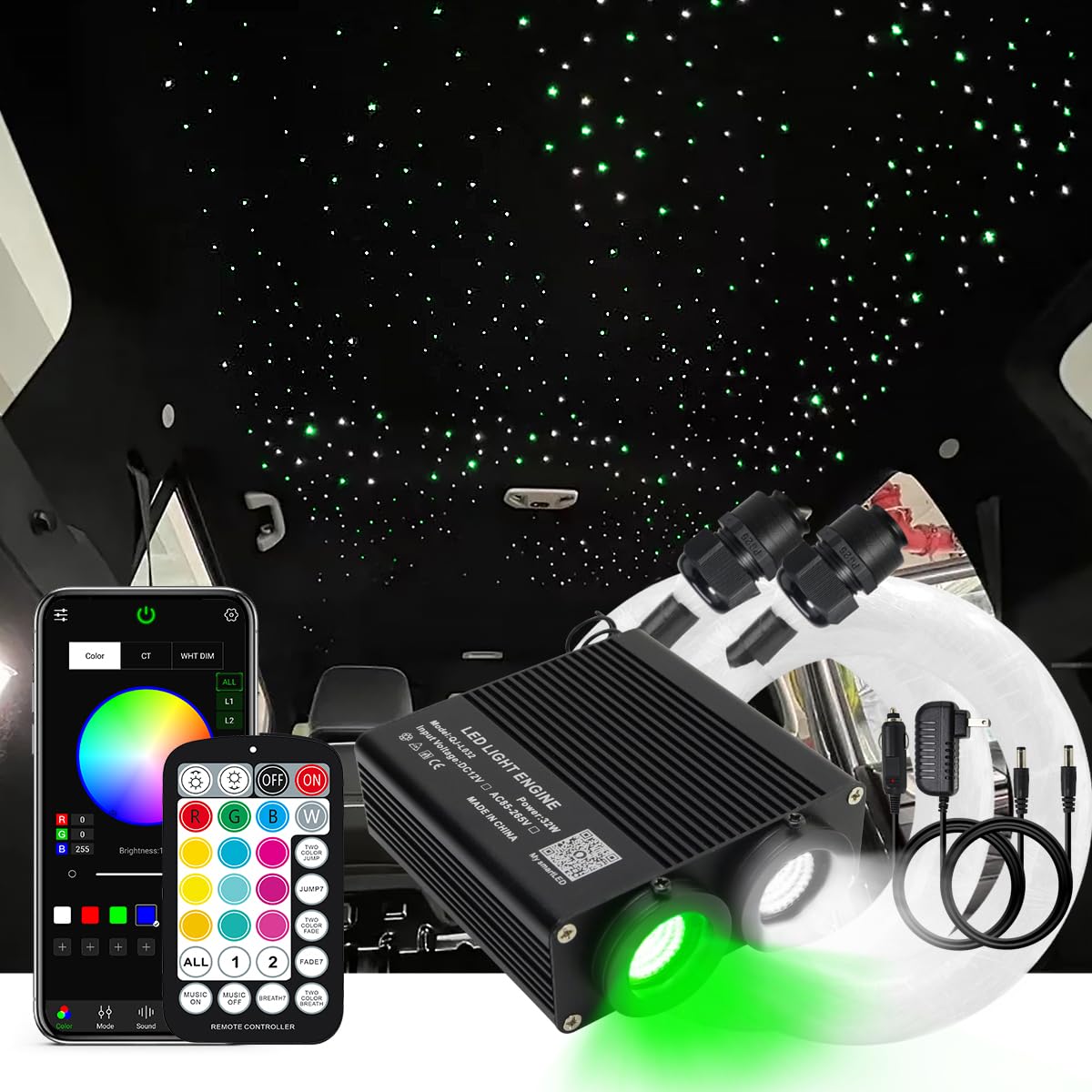AKEPO 32W Dual-Head RGBW Smart Fiber Optic Light Kit with 750pcs Mixed Fibers (9.8ft) - Music Sync & APP Control for Star Ceiling, Truck Headliner & Home Decoration | Perfect for Bedrooms, Parties & Vehicle Customization