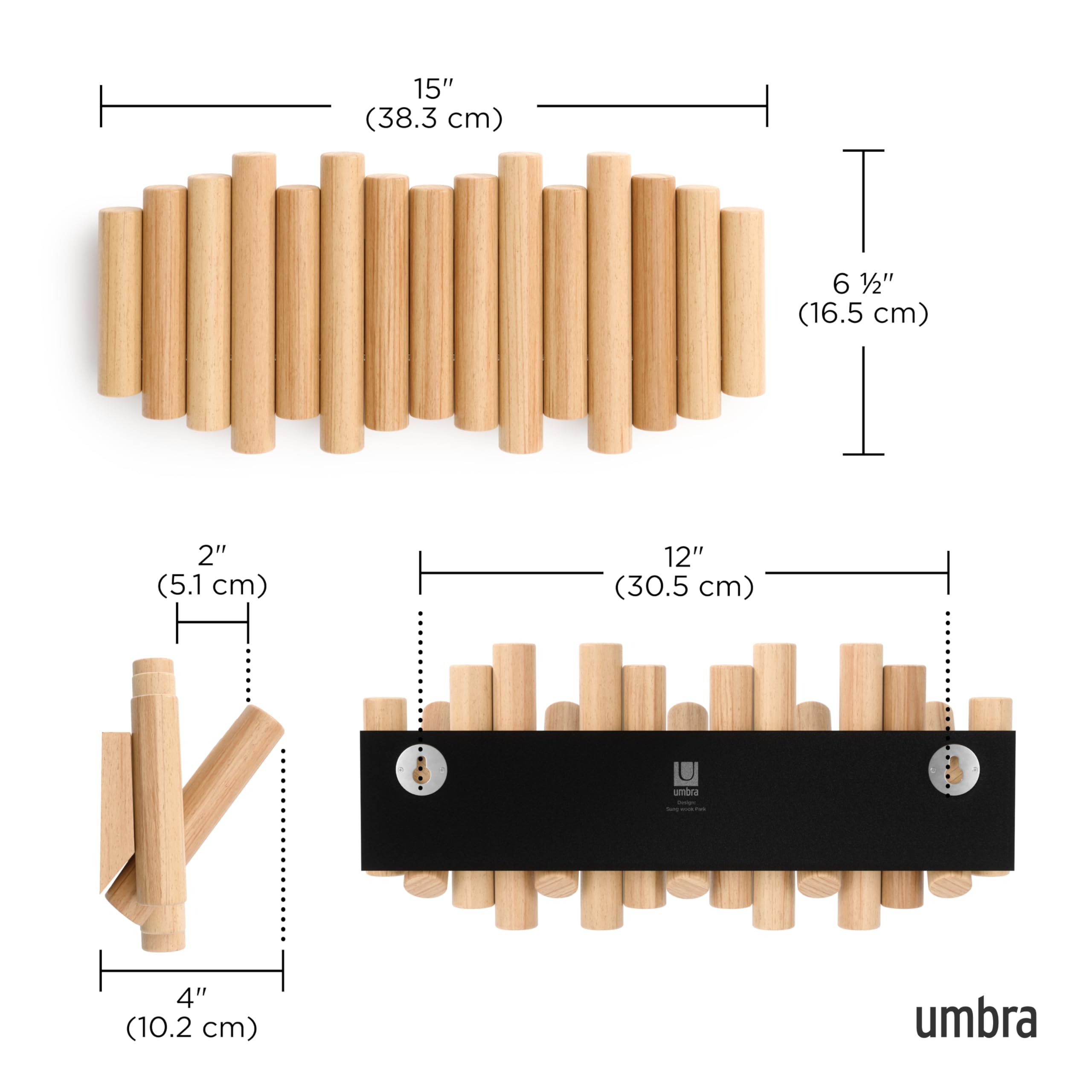 Umbra Picket 5-Hook Wall Mounted Coat Rack - Natural Finish Beveled Pine Wood Dowels - Doubles as Decorative Wall Art - Perfect for Entryway, Bedroom or Bathroom Organization