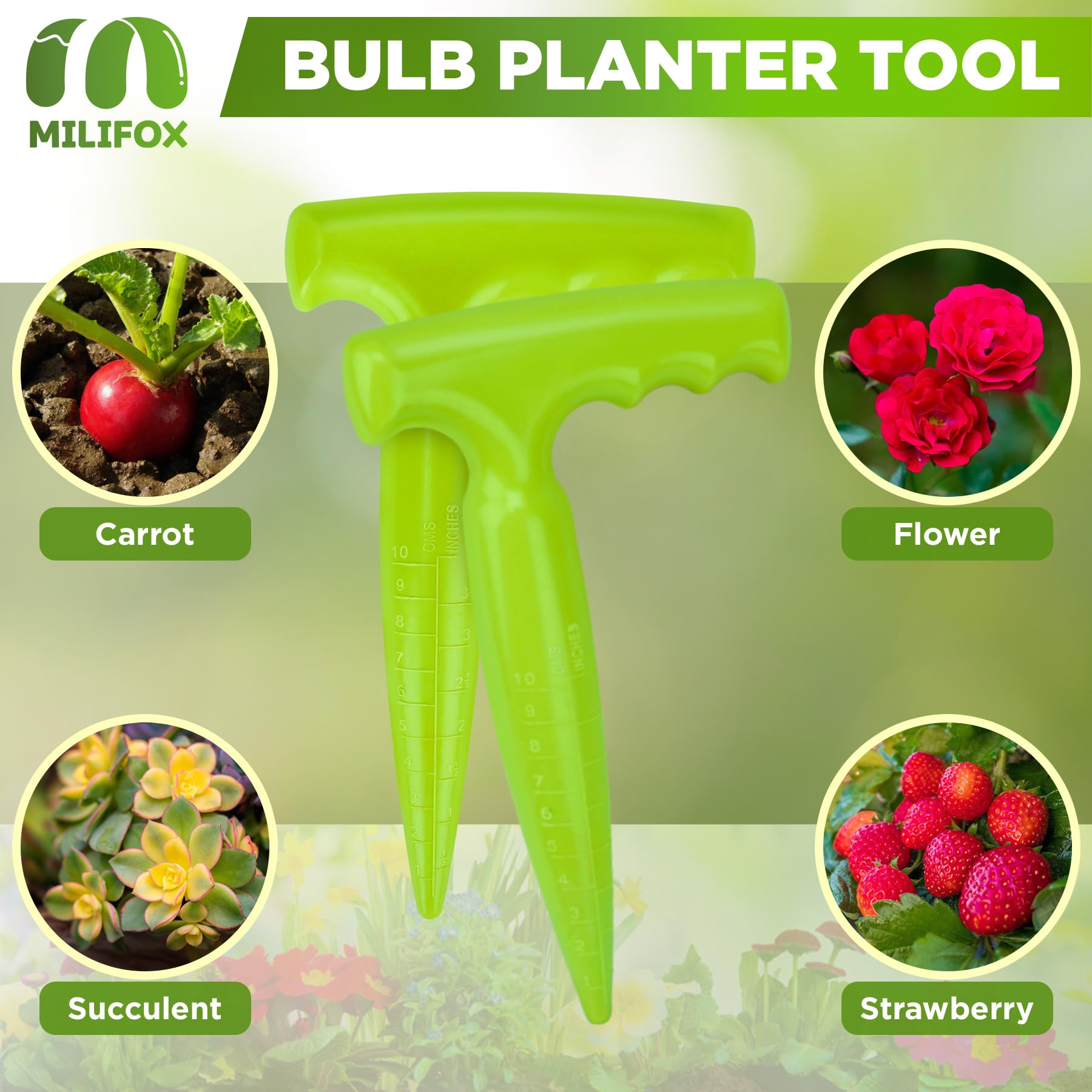 2 Pack Light Green Plastic Bulb Planting Tools - 6.9 Inch Seed Dibber with Measurement Marks & Ergonomic Handle for Gardening, Planting Bulbs, Digging Holes - Perfect for Home Garden, Flower Beds & Vegetable Planting