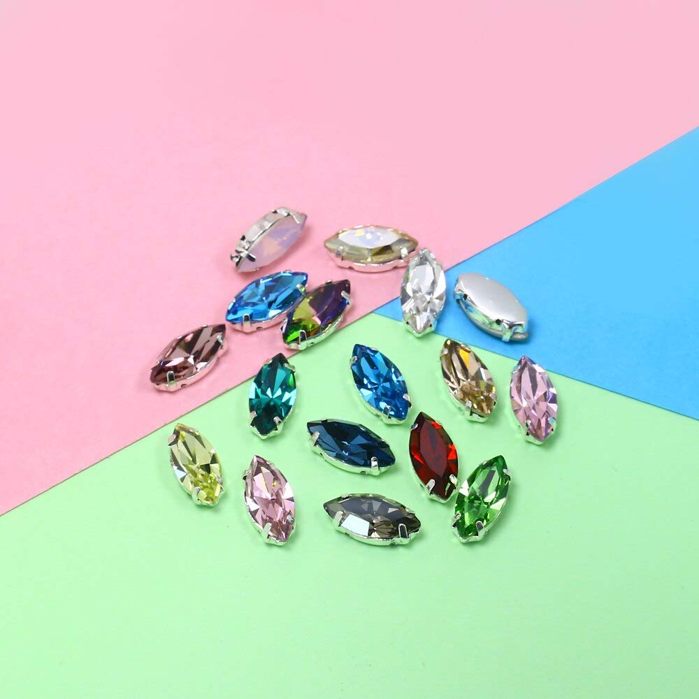 Crystal Leaf Sew-On Rhinestones - Silver Claw Marquise Glass Strass Appliques for Clothing (Mix Colors 7-15mm, 30pcs) | Perfect for DIY Fashion, Costume Design & Embellishing Dresses