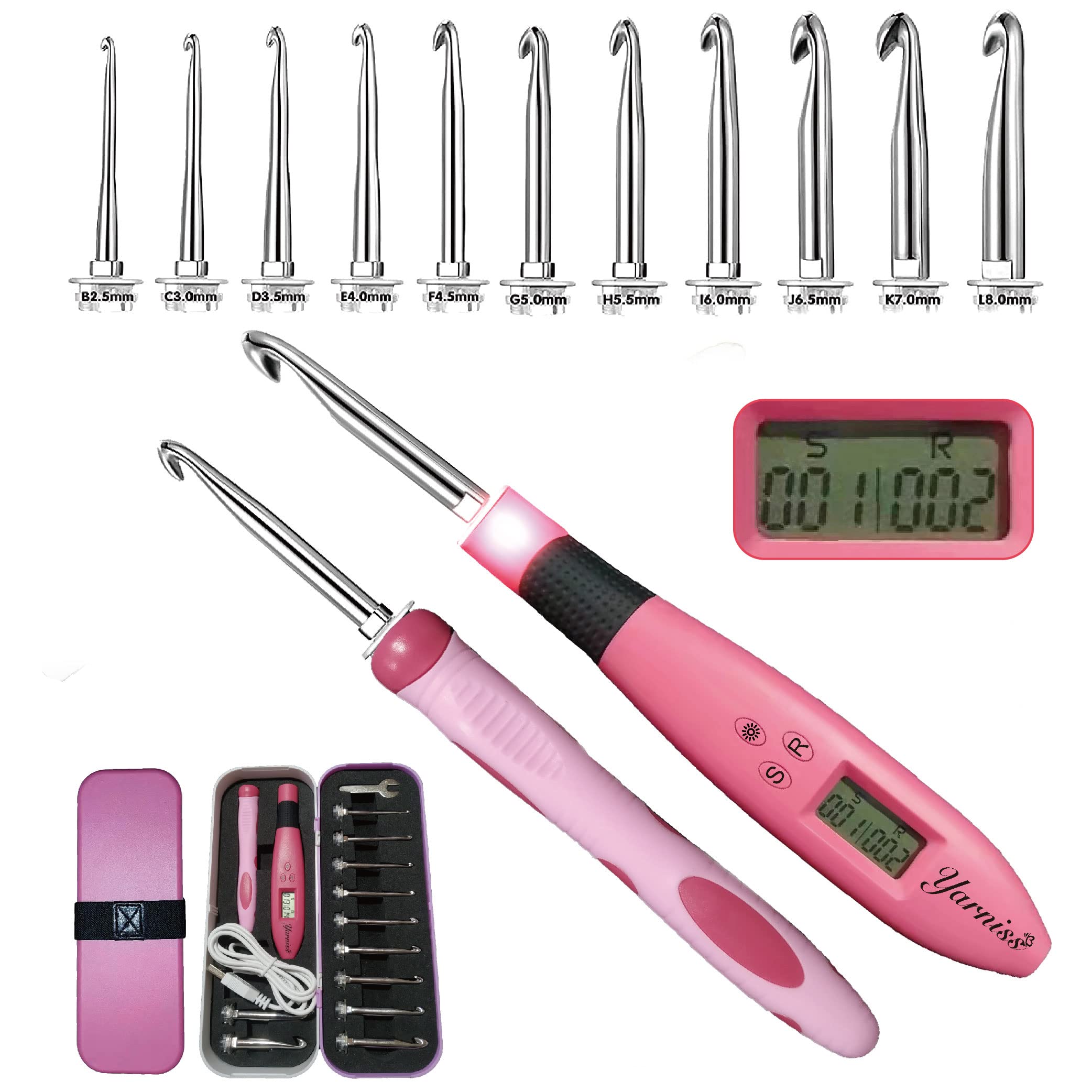 Yarniss Digital Crochet Hooks Set with LED Light - 11 Sizes Ergonomic Knitting Needles for Counting Stitches & Rows - Perfect for Amigurumi, Blankets, Scarves and DIY Crochet Projects