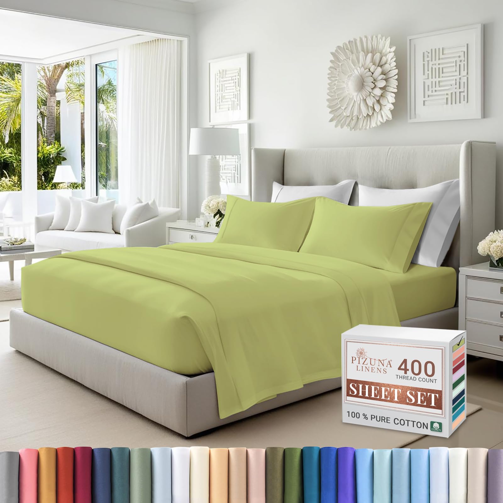 Pizuna Pure 100% Cotton RV King Sheets - 400 Thread Count Luxury Sateen Bedding Set with 15