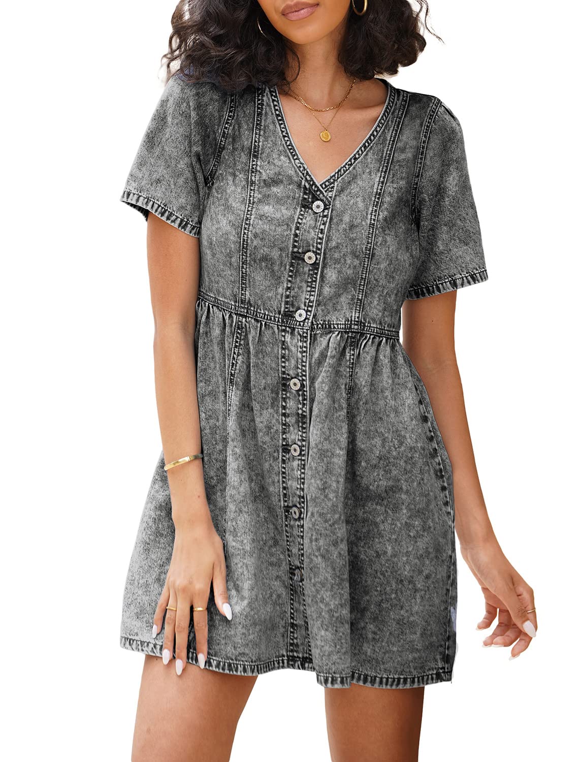 Luvamia Women's Denim Dress - Button Down Summer Swing Western Short Jean Dress for Casual Outings, Beach Trips & Country Music Festivals