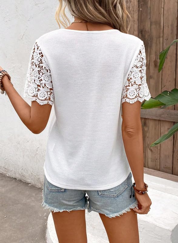 Dokotoo Women's V Neck Waffle Knit Tops Casual Short Sleeve Blouse Button Up Lace Splicing Summer Shirt - Perfect for Beach Outings, Date Nights & Office Wear
