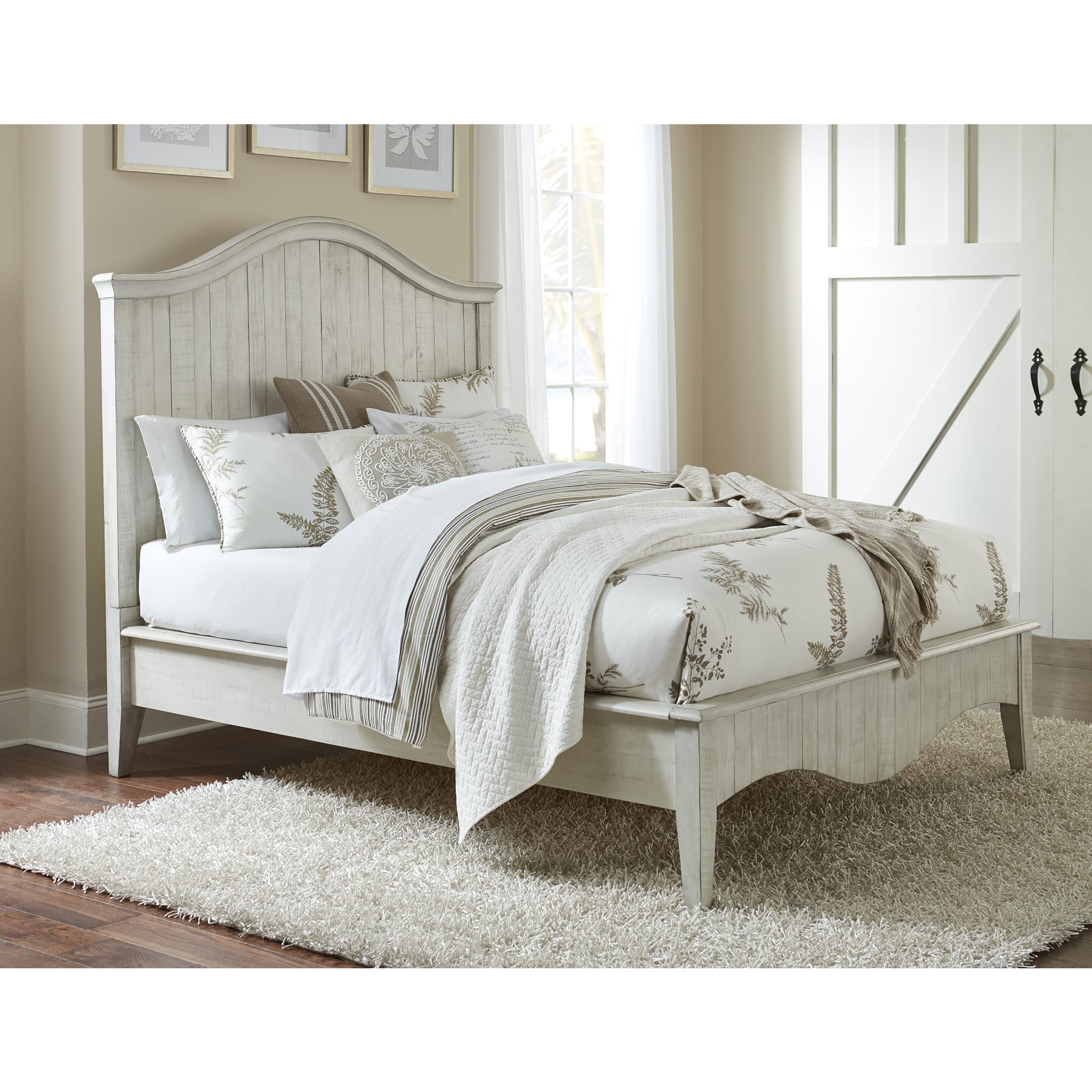 Ella Solid Wood Crown Bed in White Wash - Queen Size Wooden Bed Frame with Upholstered Headboard - Perfect for Modern and Farmhouse Bedroom Decor