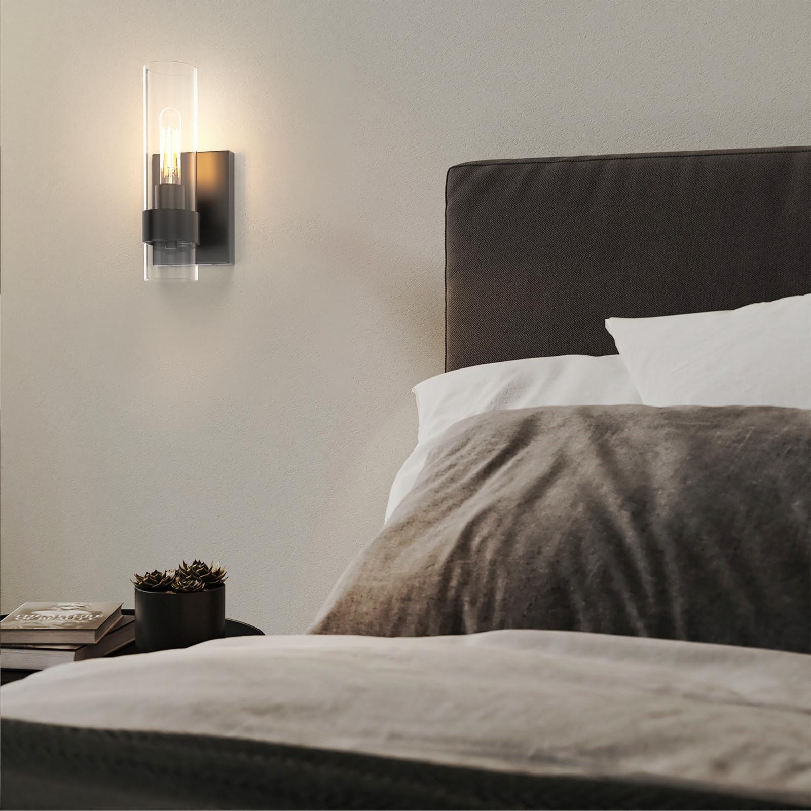 Zevluck 1-Light Modern Wall Sconce - Matte Black Bathroom Vanity Light with Clear Cylinder Glass Shade - Hardwired Wall Lamp for Bathroom, Bedroom, Living Room, Stairs & Hallway - Perfect for Ambient Lighting and Home Decor