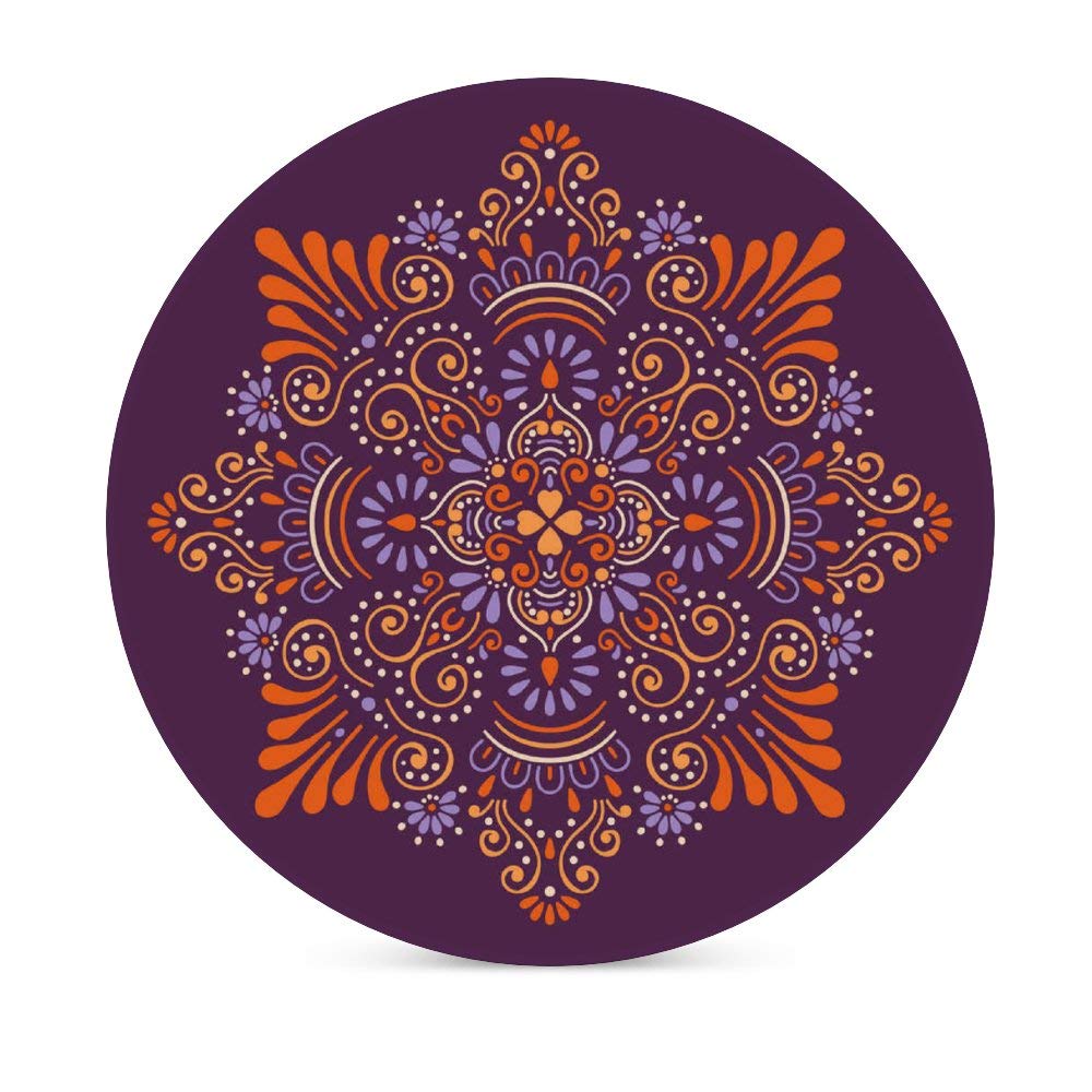 Absorbent Ceramic Drink Coasters with Exotic Ethnic Purple Pattern - Round Cork Base for Coffee Cups & Glasses - Set of 1 - Perfect for Bar, Farmhouse & Home Decor