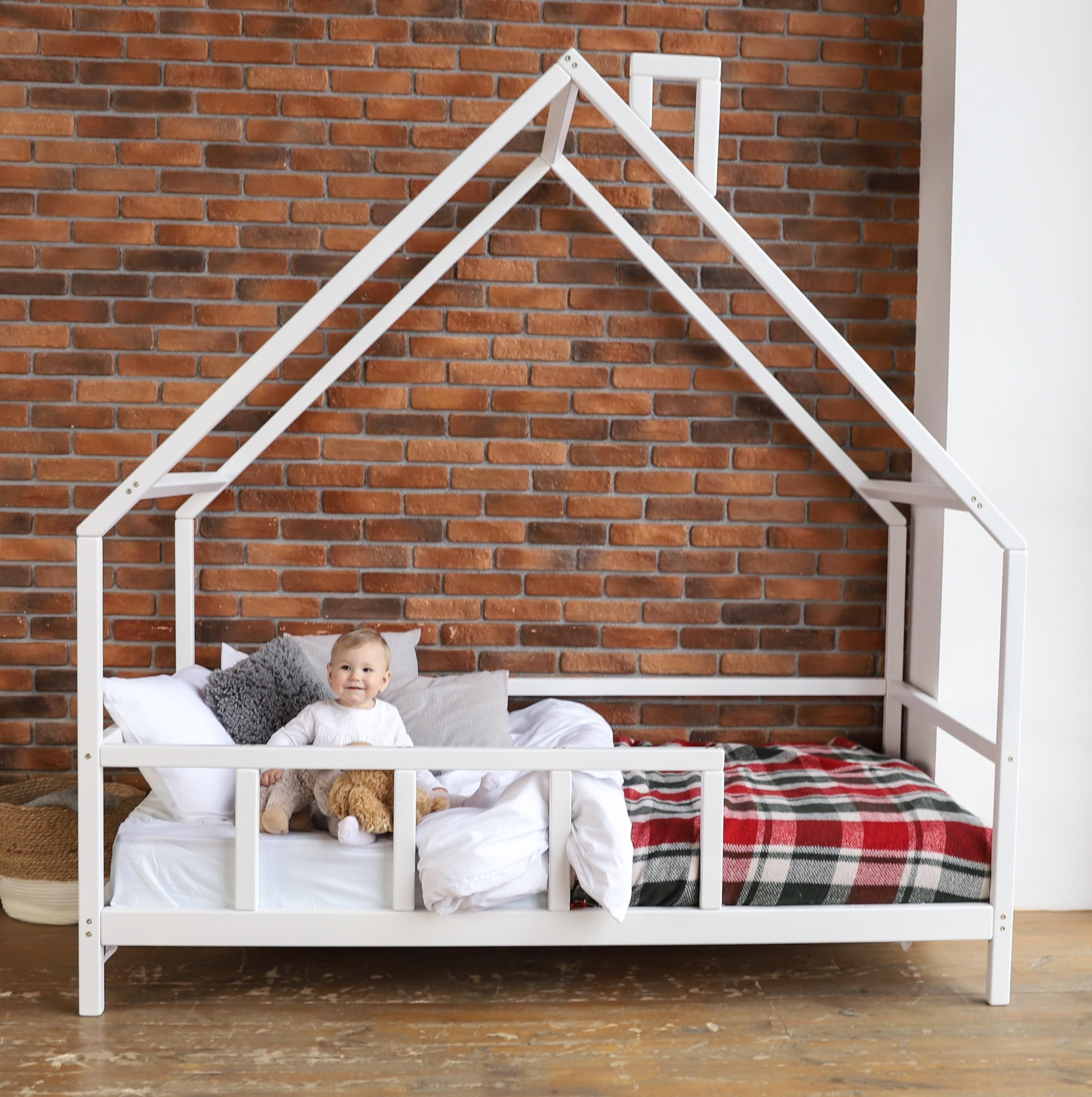 Montessori Toddler Bed with House Roof & Safety Rails - White Twin/Full Size Kids Bed Frame with Legs - Perfect for Nursery, Daycare & Montessori Classrooms (Model 15)
