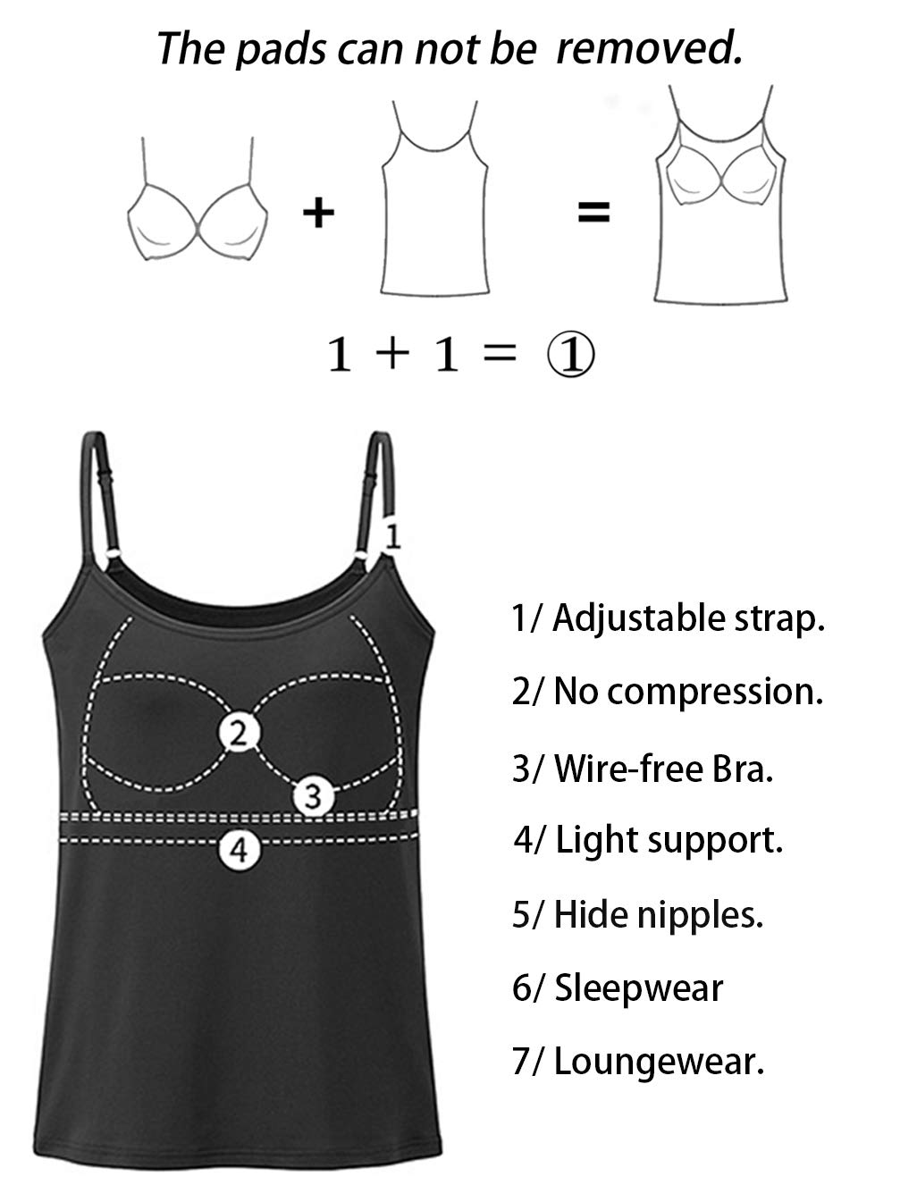 Women's Adjustable Strap Camisole Tank Top with Built-in Padded Bra - Sleeveless Layering Vest (1/2/3 Pack) - Perfect for Yoga, Summer Outfits & Casual Wear
