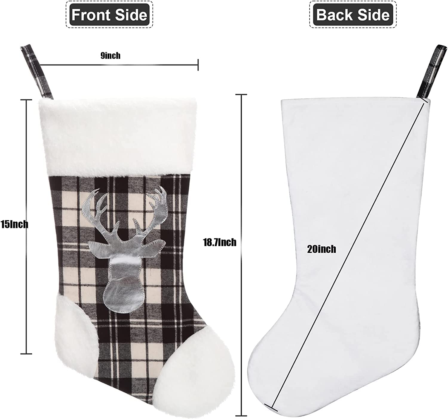 GARVEE 3 Pack 20 Inch Christmas Stockings - Santa Stocking with Silver Moose for Holiday Decor, Fireplace Hanging Stockings for Home, Family, Party & Tree Decorations - Perfect for Christmas Gifts & Festive Celebrations (White & Black)