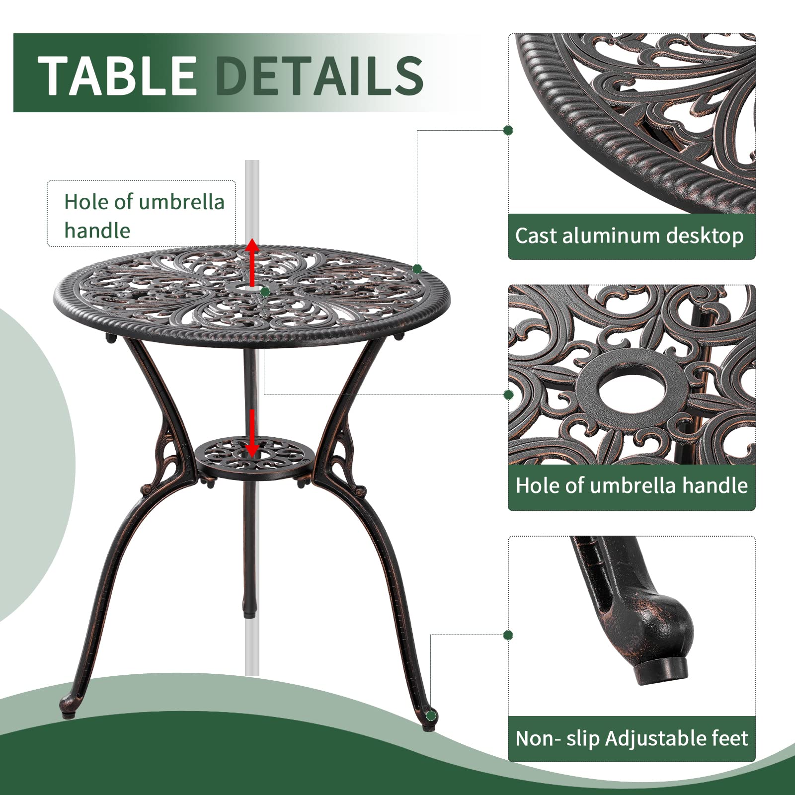 Outdoor Bistro Set 3-Piece Patio Furniture with Umbrella Hole - Weather-Resistant Bronze Bistro Table and 2 Chairs for Garden, Porch, Deck & Backyard Dining