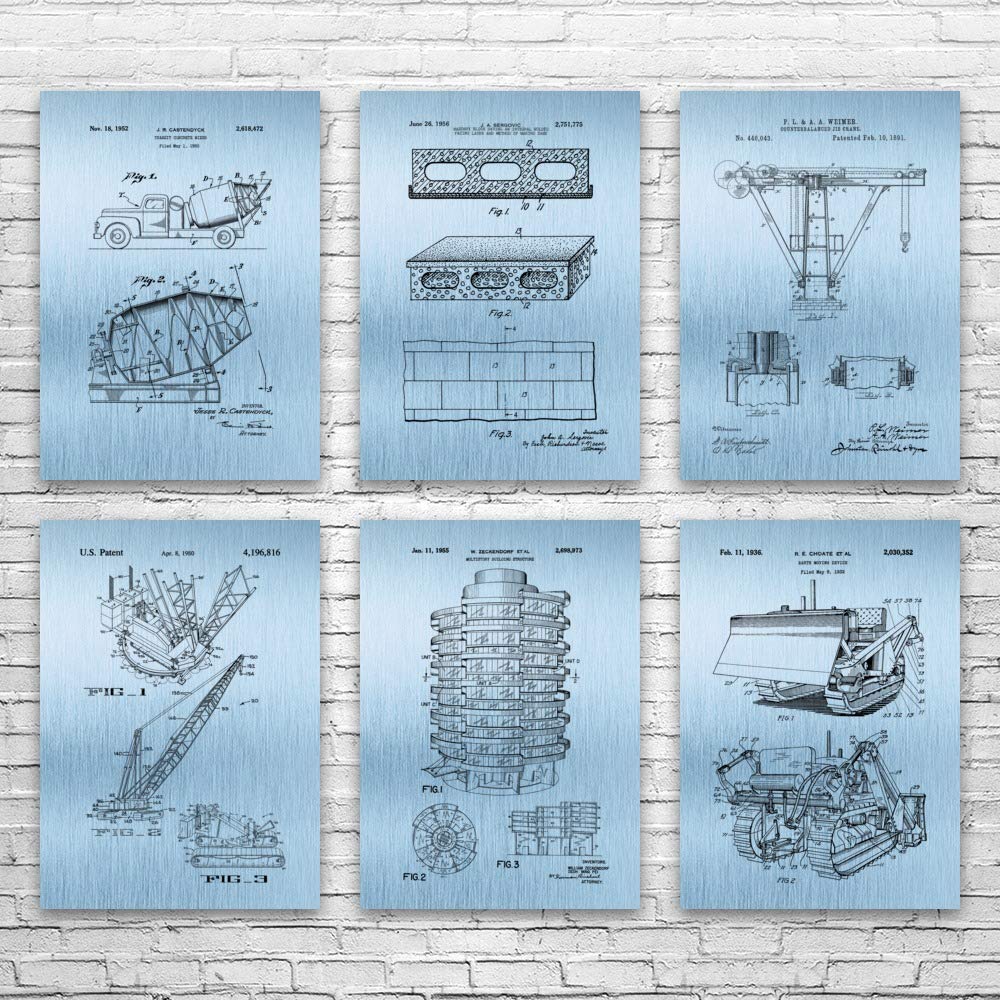 6-Piece Earth Building Construction Poster Set - Construction Worker & Contractor Gift, Truck Blueprint Wall Art (16x20 Inch) - Perfect for Workshop, Office & Construction Site Decor