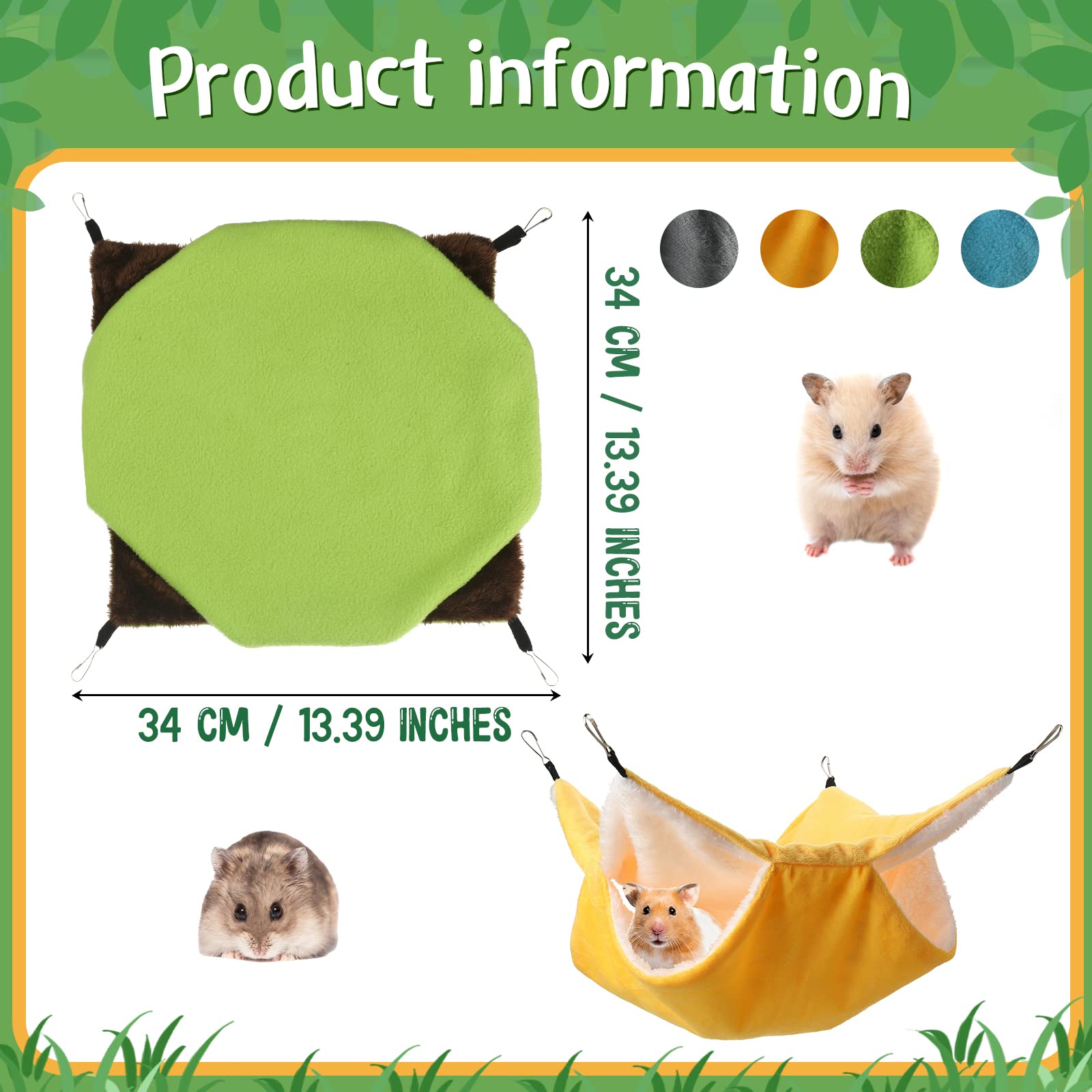 Nuogo 4-Pack Double Layer Small Animal Hammock - Ferret, Rat, Guinea Pig, Squirrel & Chinchilla Bed for Cage - Hanging Play & Sleep Accessories in Green, Blue, Gray & Yellow - Perfect for Small Pet Cages, Playtime & Cozy Napping Spaces