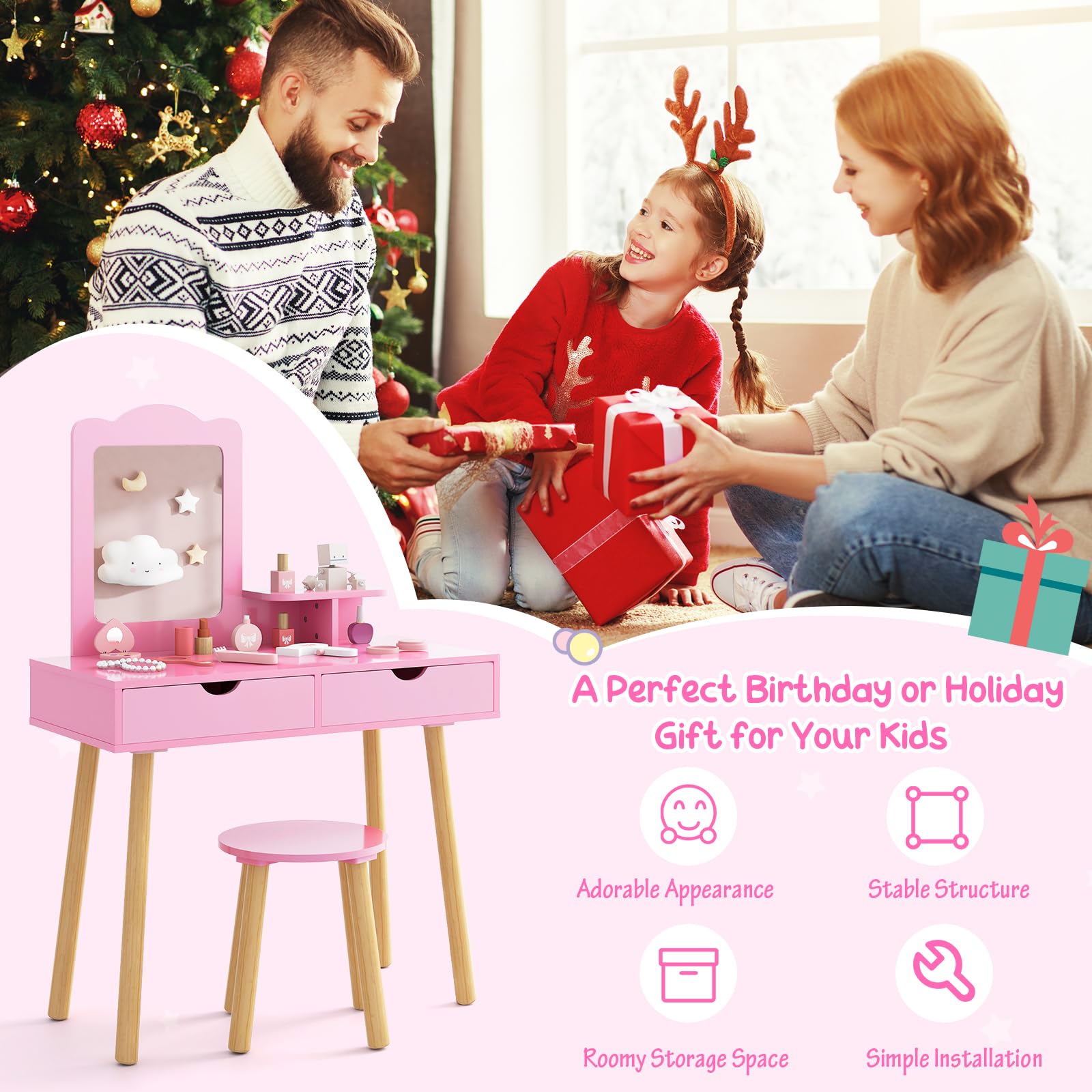 Olakids 2-in-1 Wooden Princess Vanity Set with Mirror & Storage - Kids Makeup Table & Chair, Toddler Dressing Desk Toy for Girls - Perfect for Pretend Play, Birthday Gifts & Bedroom Decor (Pink)