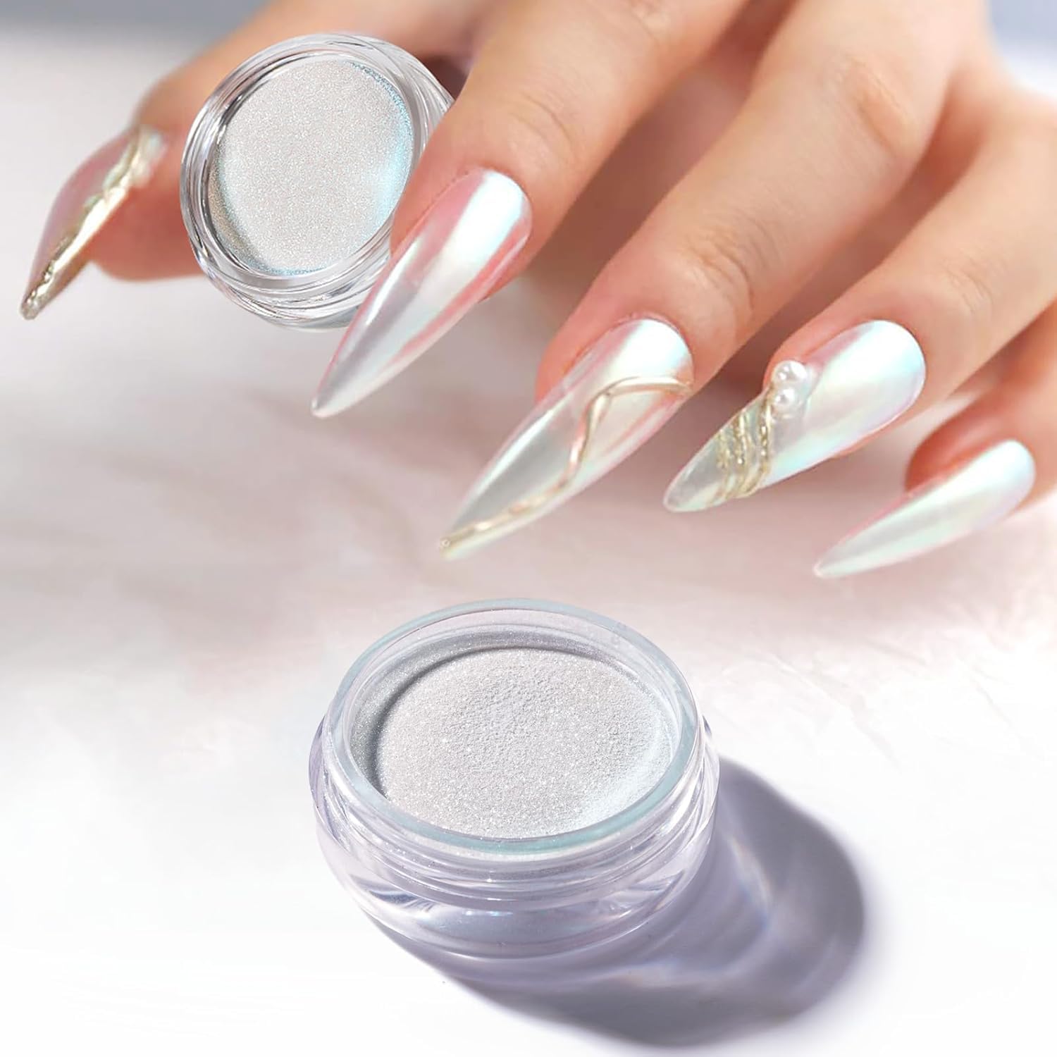 RUBYFACE White Pearl Chrome Nail Powder - Holographic Glitter Manicure Pigment with Aurora Moonlight Effect | Professional Nail Art Tools Included | Perfect for Salon, Home Manicure & Special Occasions