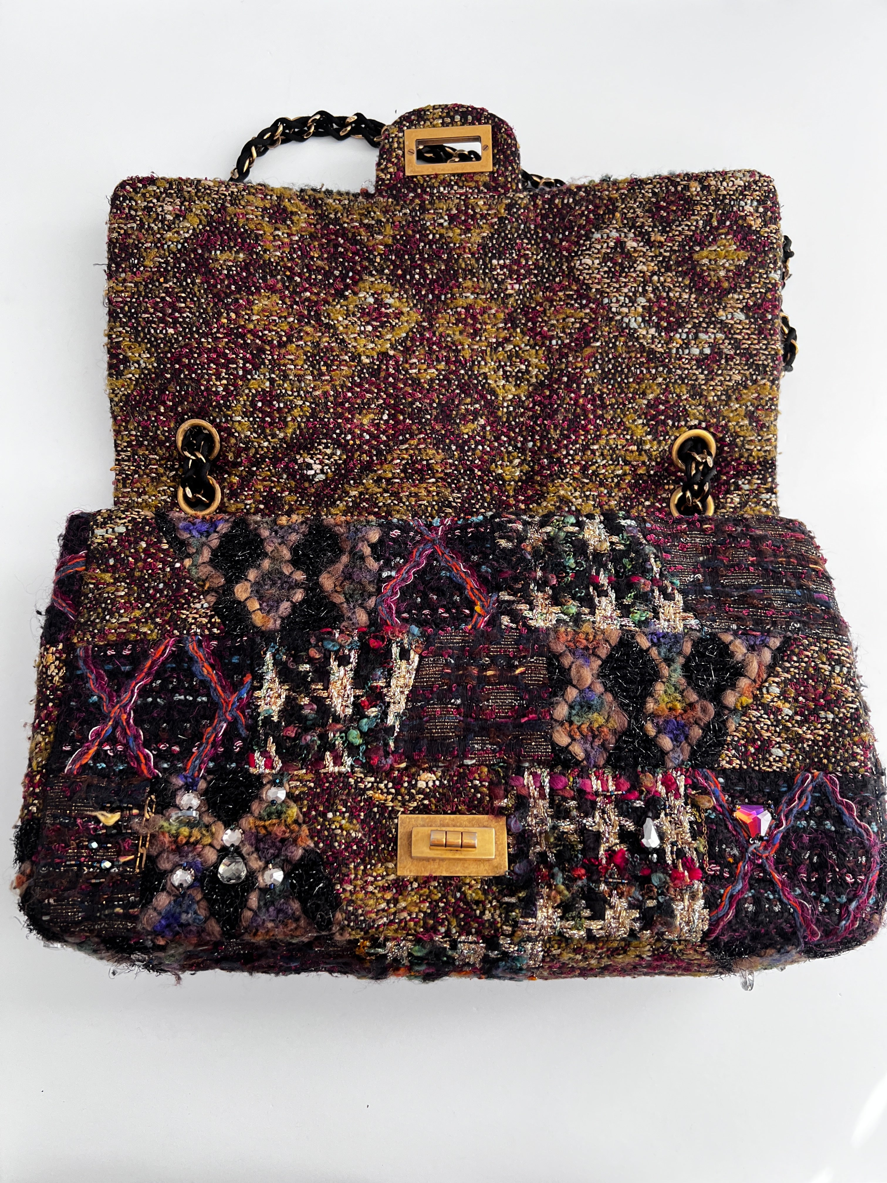 Chanel Tweed Crystal Embellished Paris Byzance Reissue 2.55 Flap Bag Jumbo Size - Luxury Designer Handbag for Women, Perfect for Parties, Weddings & Special Occasions