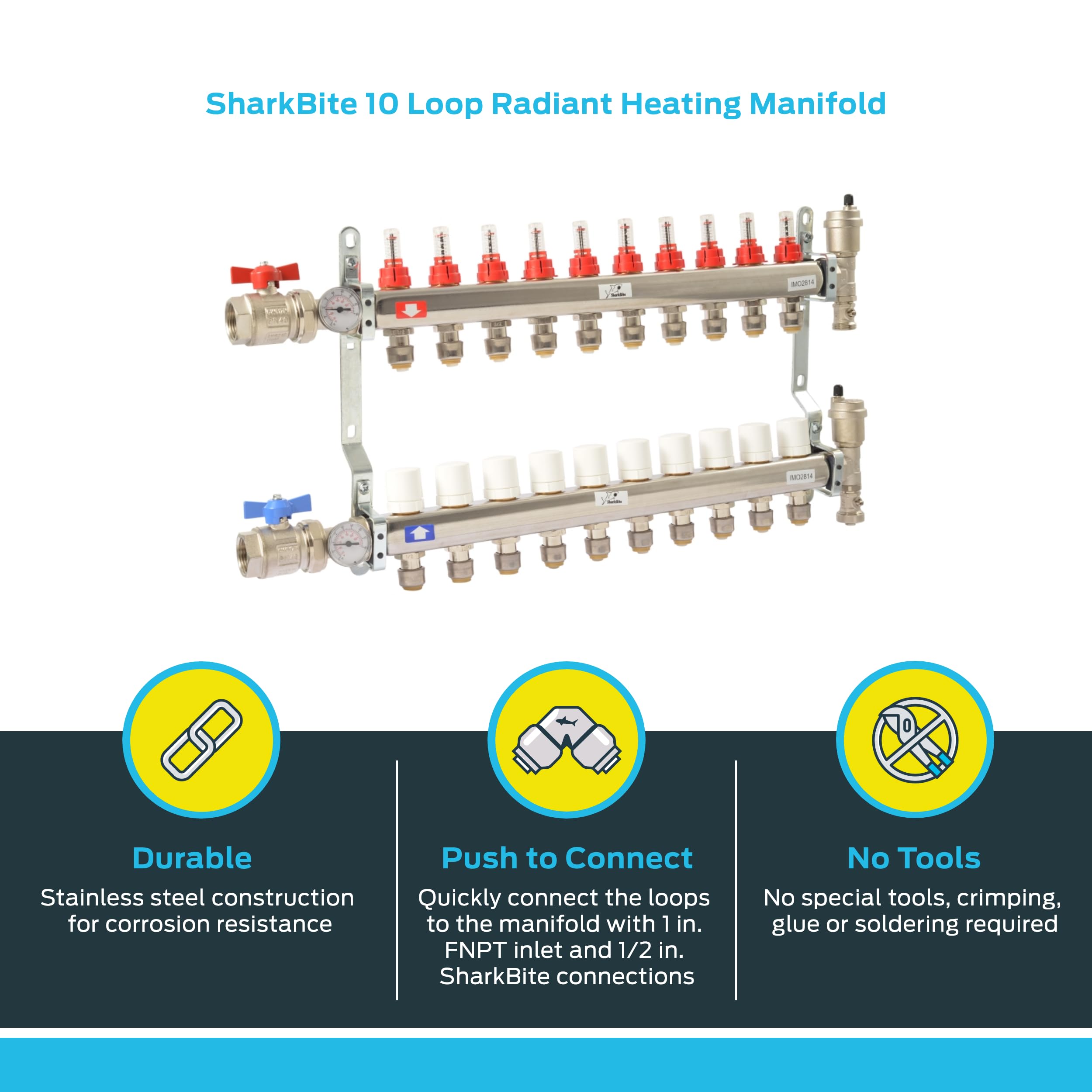 SharkBite 10 Loop Radiant Heating Manifold - Push to Connect Brass Plumbing Fitting for PEX Pipe & PE-RT (Model 24937) - Perfect for Hydronic Heating Systems & Underfloor Heating Installations