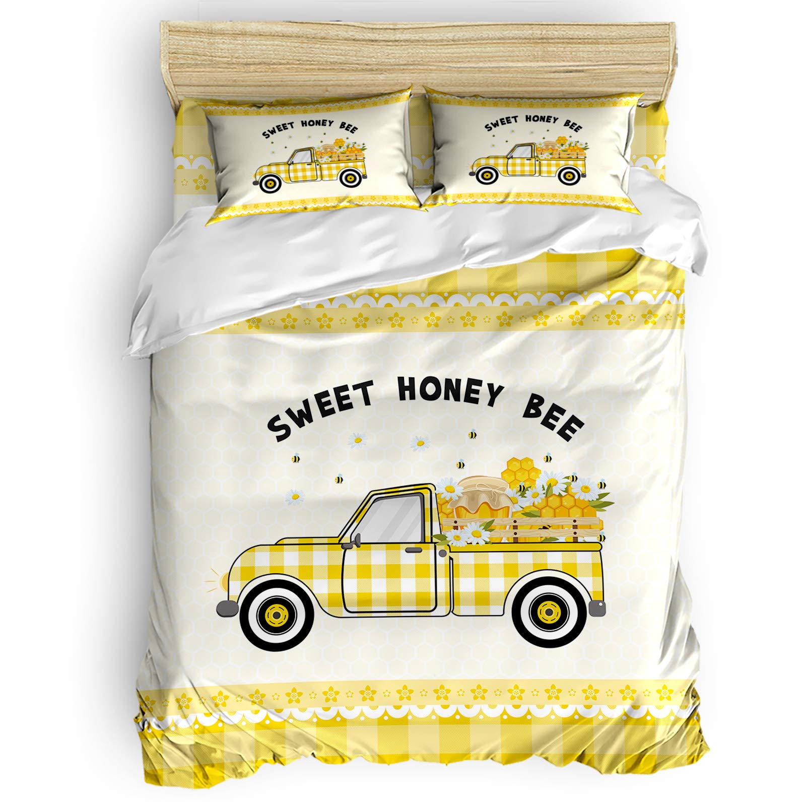 Soft Washed Honey Bee Daisy Yellow Plaid Duvet Cover Set with Zipper Closure - California King Size Bedding for Cozy Home Decor | Perfect for Master Bedroom, Guest Room & Farmhouse Style Decor