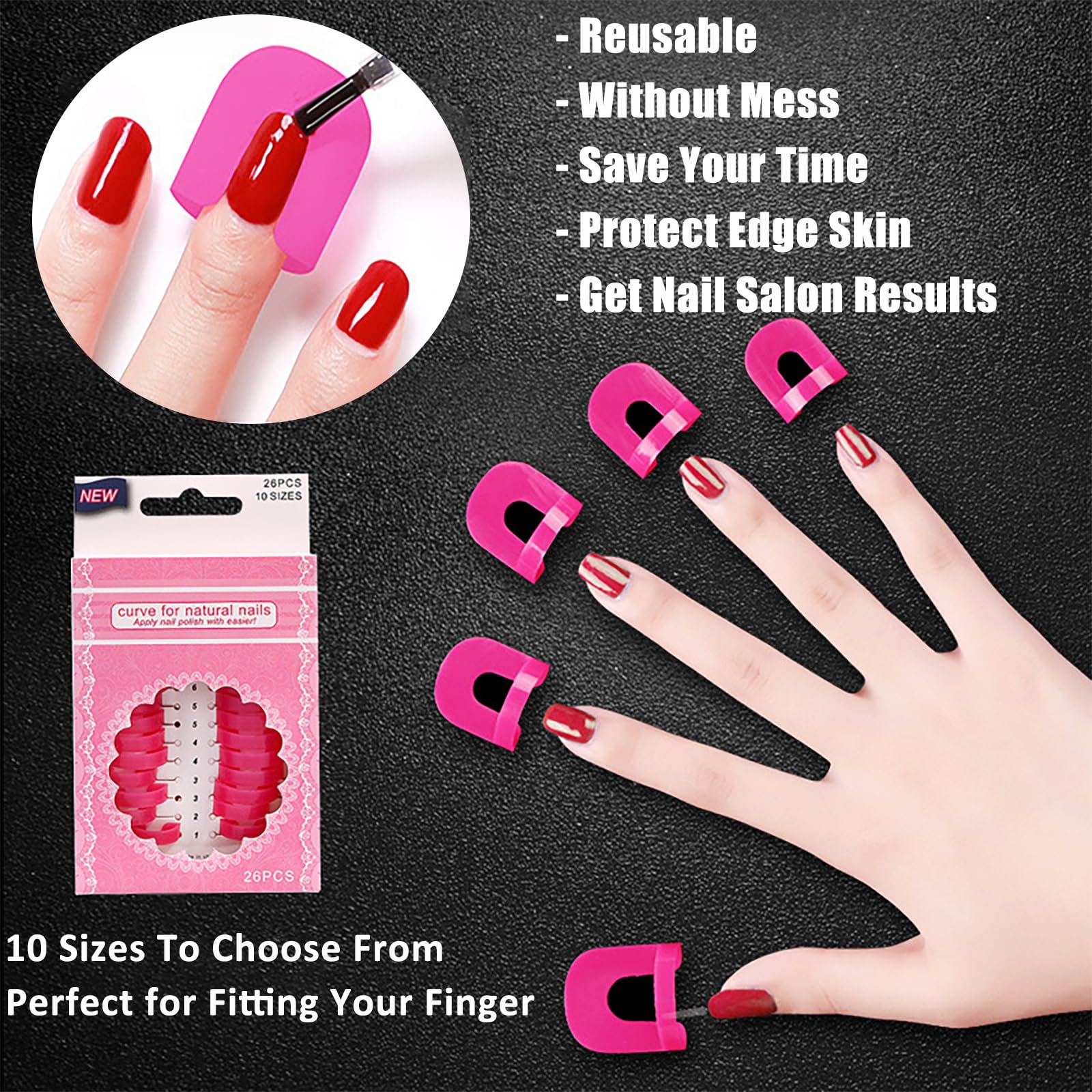 26PCS Reusable Nail Polish Protector Guards - 10 Sizes Soft Plastic Finger Shields for Cuticle Protection | Spill-Proof Manicure Tools for French Stamping & Nail Art | Perfect for Home Salon & DIY Manicures