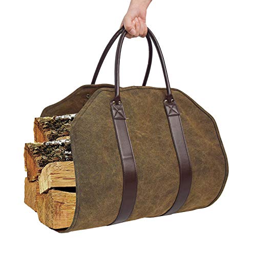 Heavy Duty Waxed Canvas Firewood Log Carrier Tote Bag - Durable Firewood Holder for Indoor Fireplace, Outdoor Camping & Wood Stove Accessories - Perfect for Hauling Firewood, Kindling & Hay