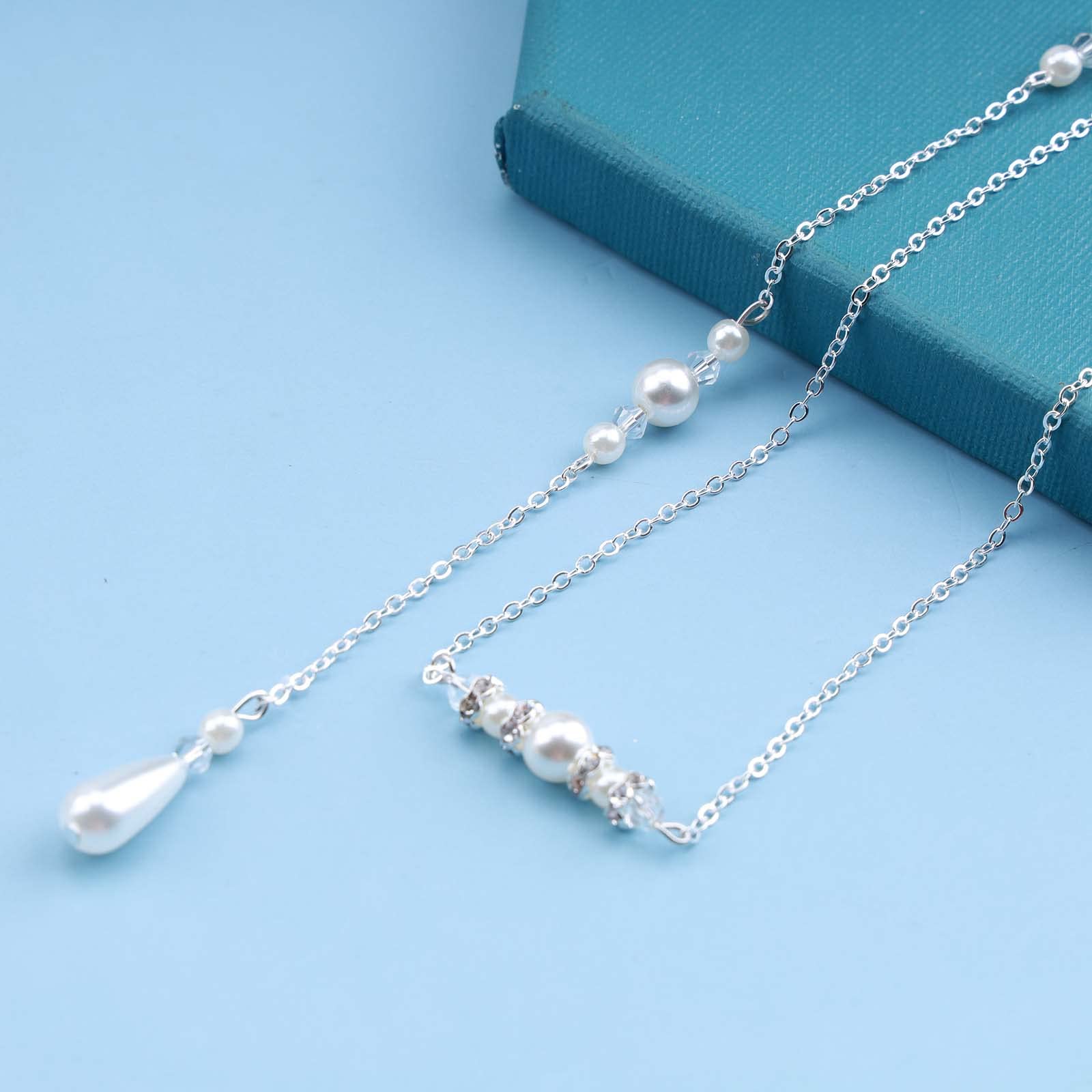 Boho Pearl Back Chain Necklace - Silver Pearl Crystal Bridal Body Jewelry for Women | Elegant Summer Beach Wedding Accessory & Layering Necklace for Boho Fashion