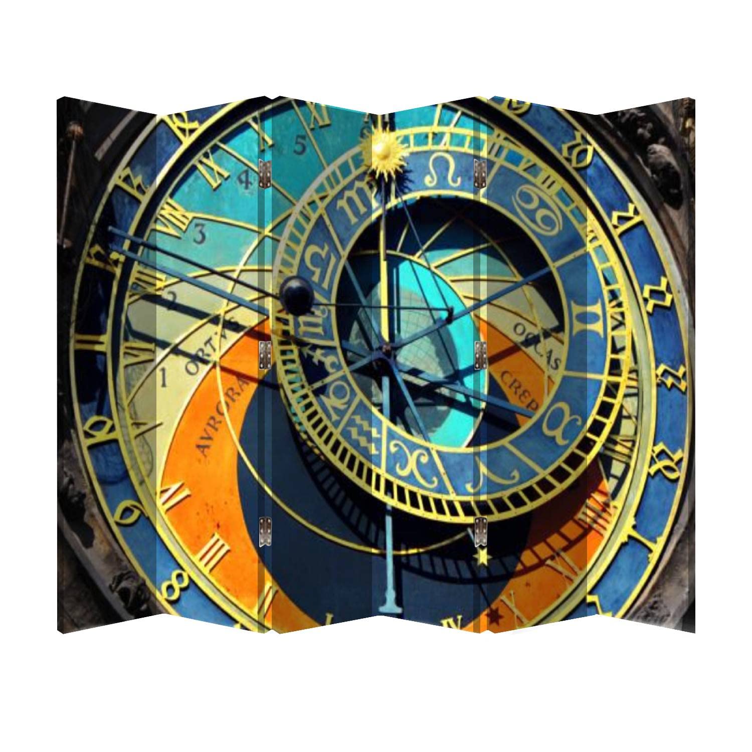 6-Panel Wooden Folding Room Divider Screen with Prague Astronomical Clock Canvas - Office Privacy Partition, Home Decor, Wall Divider for Living Room, Bedroom & Workspace