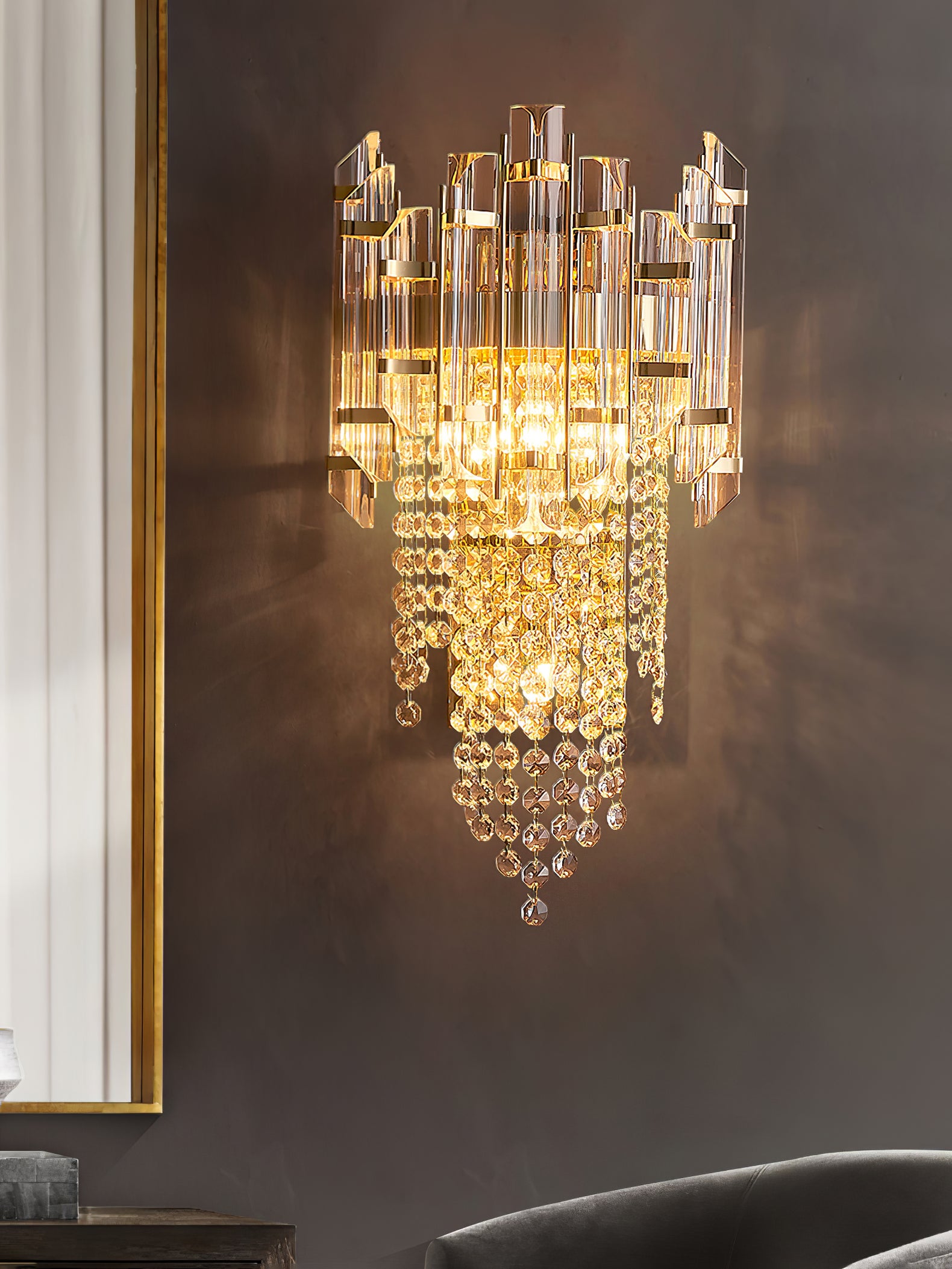 Crystal Tiered Wall Sconce - Elegant Clear Glass Light Fixture for Living Room, Bedroom, or Hallway Decor