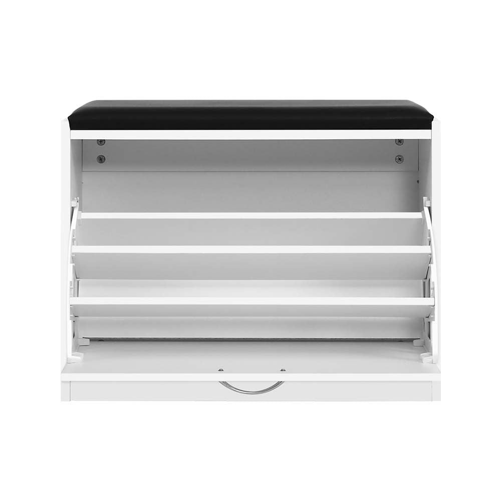 White Shoe Cabinet Bench with Drawers - 15 Pair Shoe Storage Organizer for Entryway, Bedroom, or Closet - Space Saving Shoe Rack with Seat