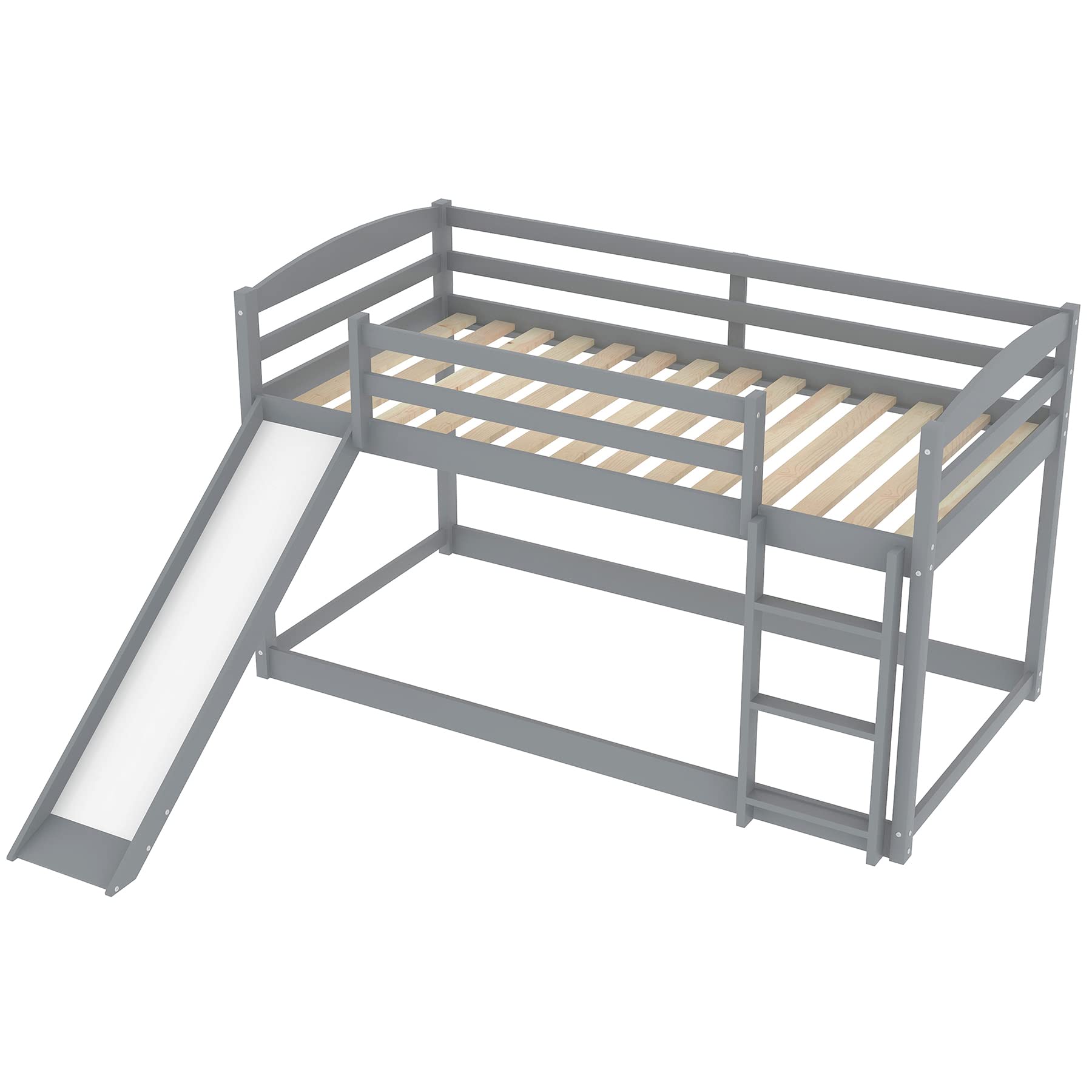Twin Over Twin Bunk Bed with Slide & Ladder - Solid Wood Low Floor Bunk Bed with Slat Support - Space Saving Kids Bedroom Furniture - No Box Spring Needed - Perfect for Small Rooms & Shared Kids Bedrooms (Gray)