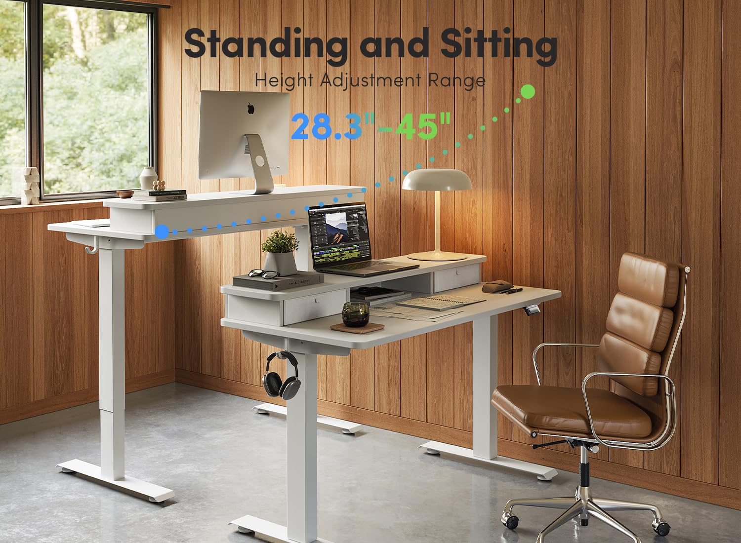 FEZIBO 60 x 24 Inch Electric Height Adjustable Standing Desk with Double Drawers & Storage Shelf - White Frame & White Top - Perfect for Home Office, Gaming & Workspace Ergonomics