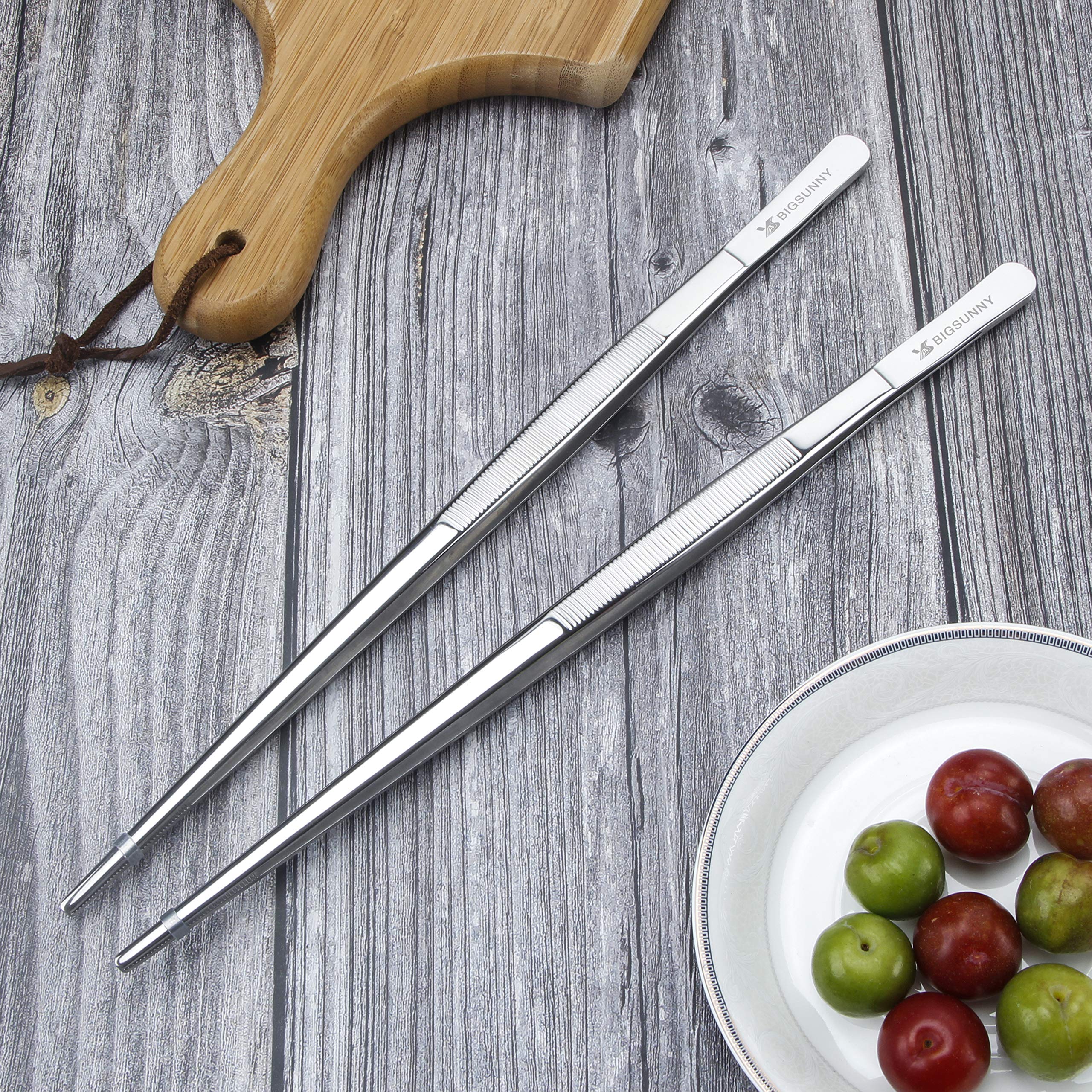 MSY BIGSUNNY Set of 2 Stainless Steel Kitchen Tweezers - 12 Inch Extra-Long Straight Tongs with Precision Serrated Tips for Cooking, Grilling, Sushi Making & Food Plating | Professional Chef Tools for Fine Dining & Home Kitchens