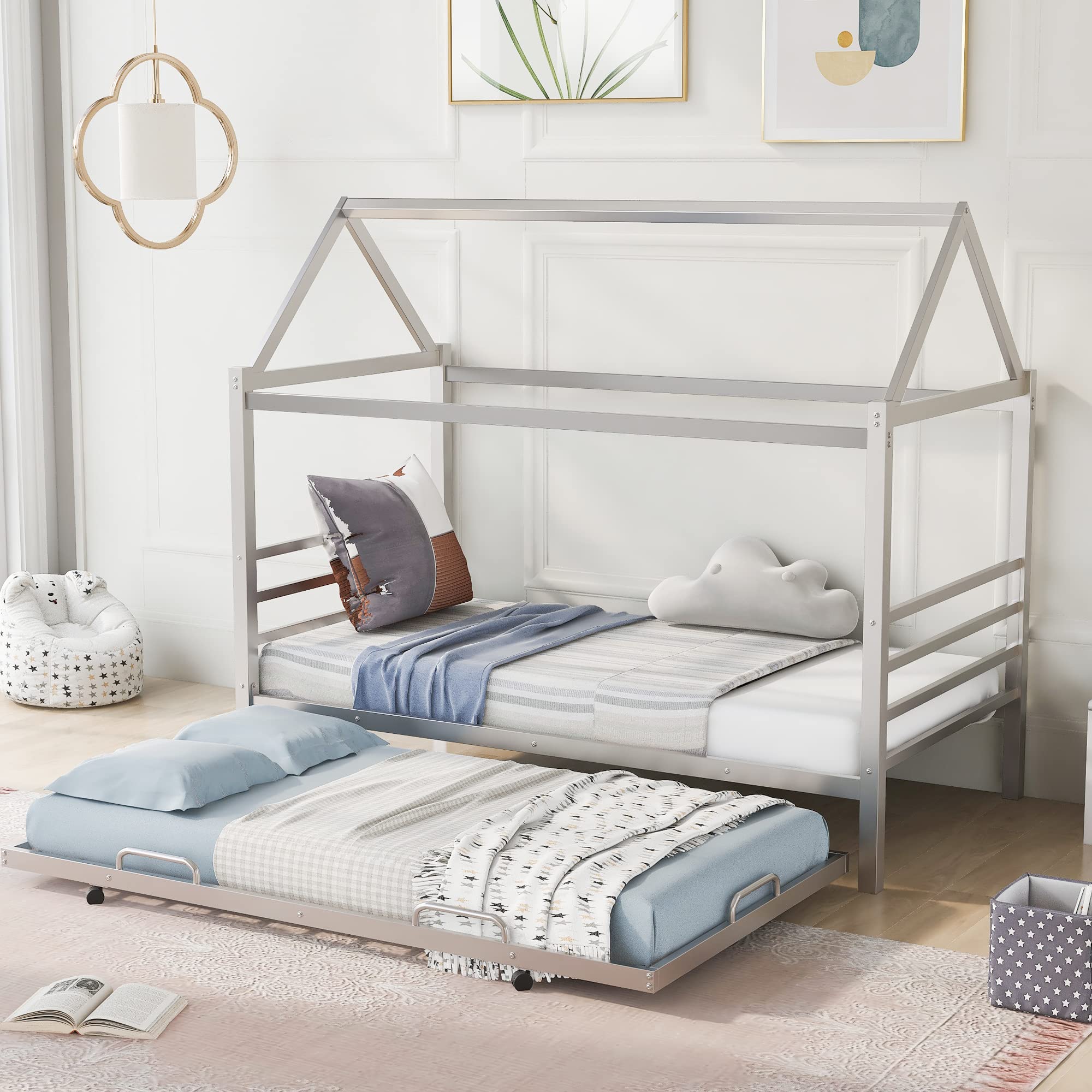 Merax Twin Size Metal House Platform Bed with Trundle - Silver House-Shaped Frame, No Box Spring Required | Perfect for Kids' Bedrooms, Guest Rooms & Space-Saving Small Apartments