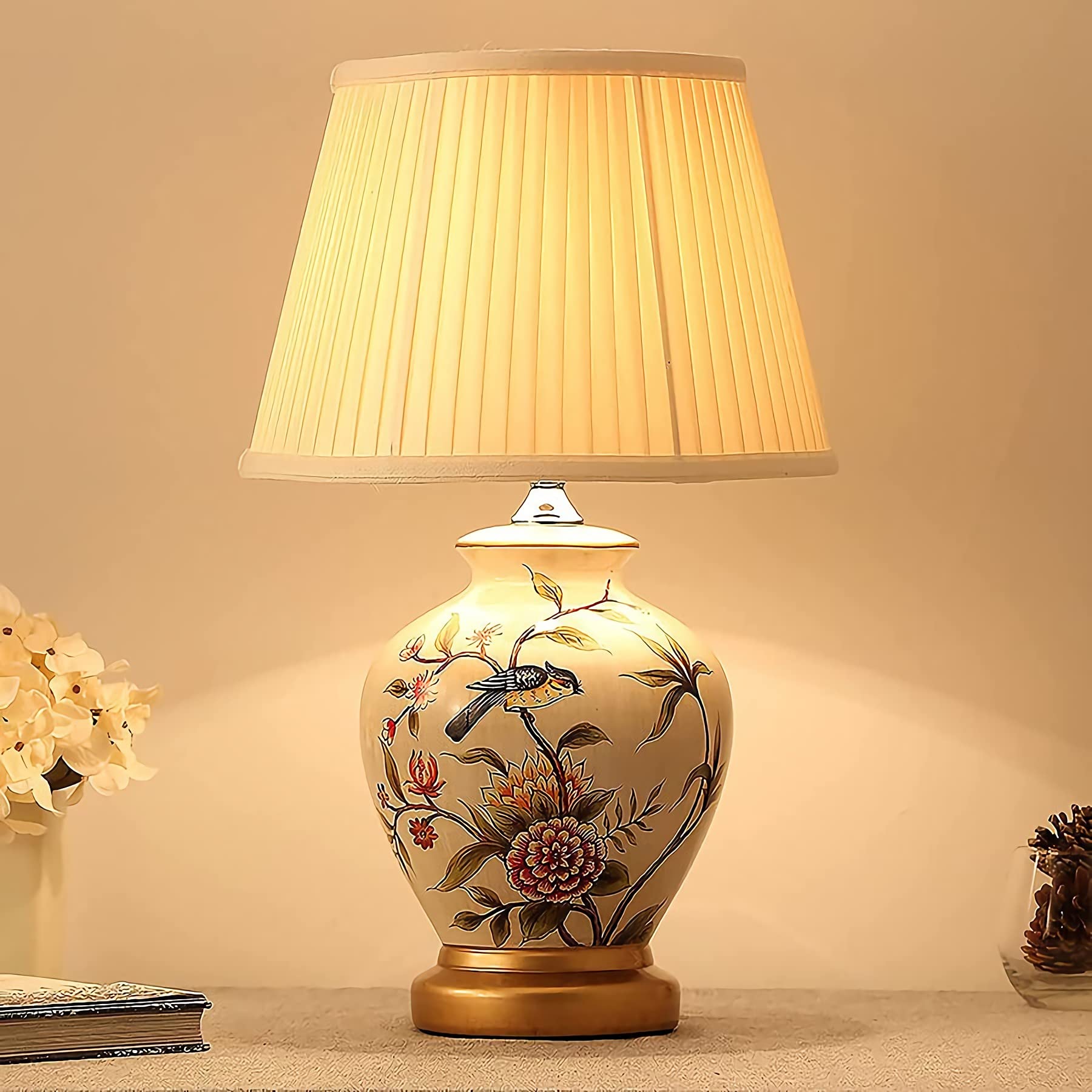 Modern Asian Chinese Style Ceramic Table Lamp with Fabric Bell Shade - Traditional Home Decor for Living Room, Bedroom, Office & Nightstand | Perfect for Beach House, Entryway & Family Spaces (White)