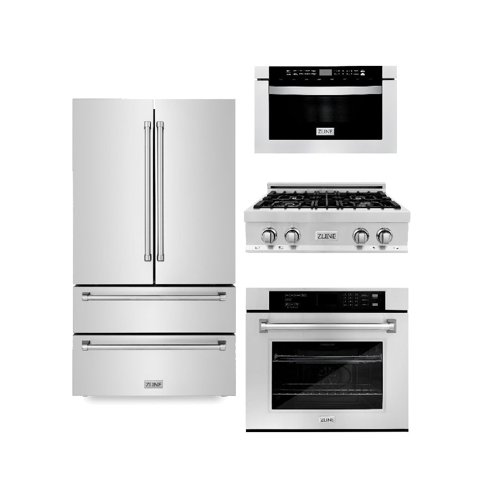 ZLINE 30-inch Stainless Steel Kitchen Package - Refrigerator, Gas Rangetop, Single Wall Oven & Microwave Oven Combo (4KPR RT30 MWAWS) | Premium Appliance Bundle for Modern Home Chefs & Kitchen Remodeling