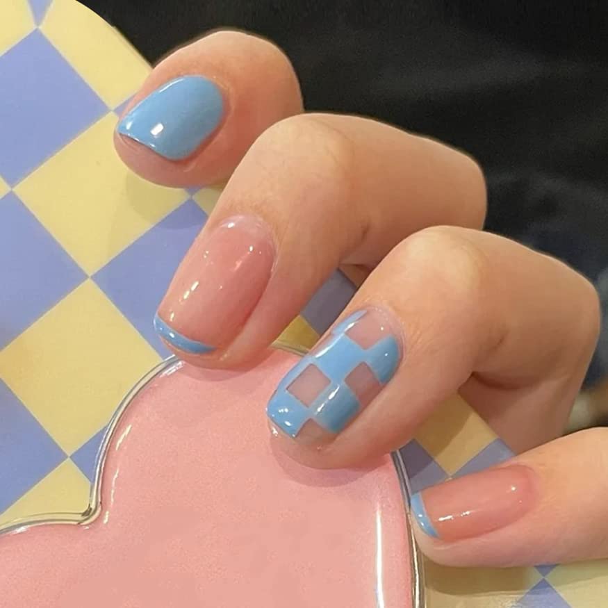 Eaytmo 24Pcs Short Square Press on Nails - Blue Pink Acrylic Fake Nails with Floral Design, Full Cover Natural False Nails for Women & Girls - Perfect for Daily Office Wear, Parties & Special Occasions