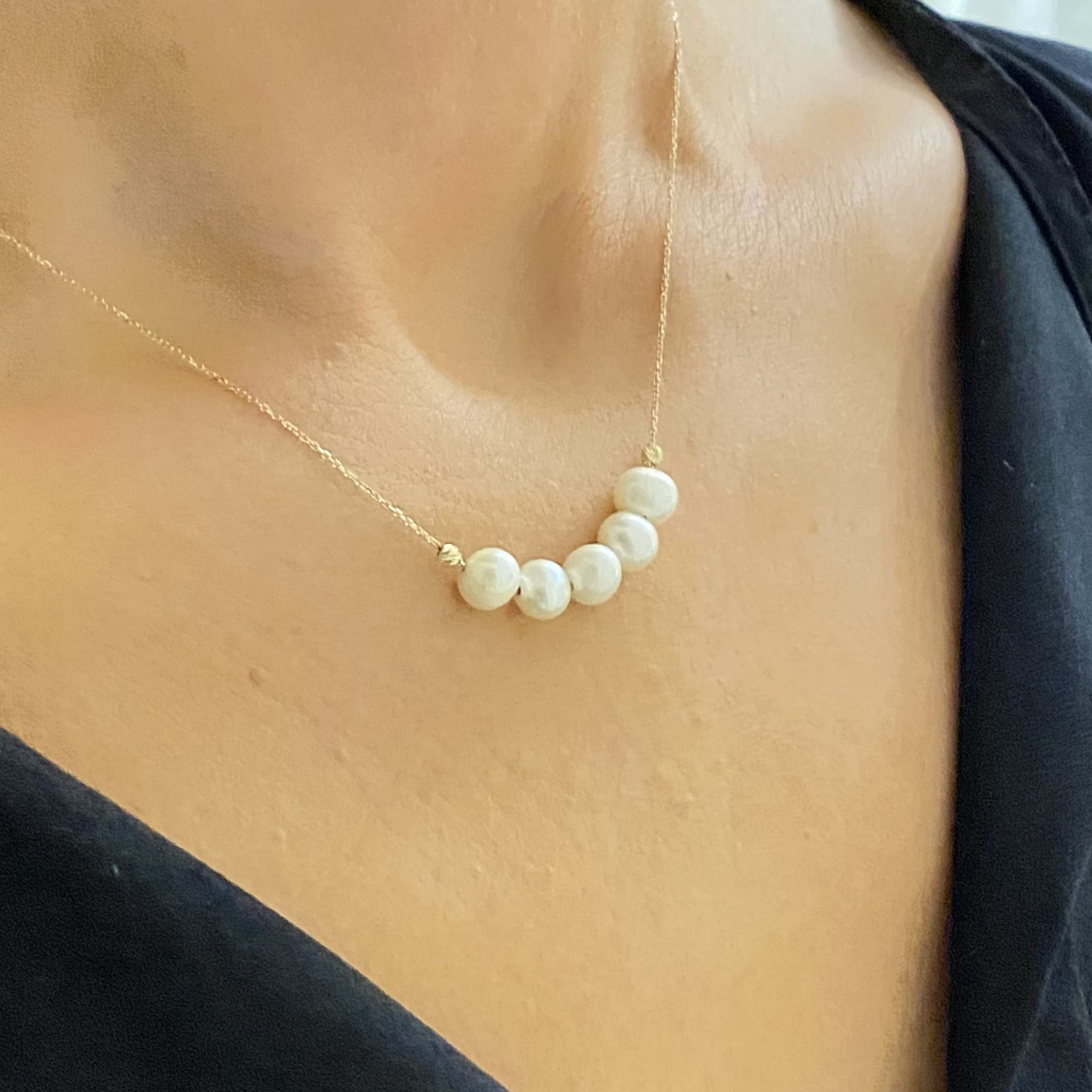 14K Solid Gold Pearl Necklace for Women - Elegant Freshwater Beaded Jewelry, Perfect Gift for Mom, Birthday & Christmas