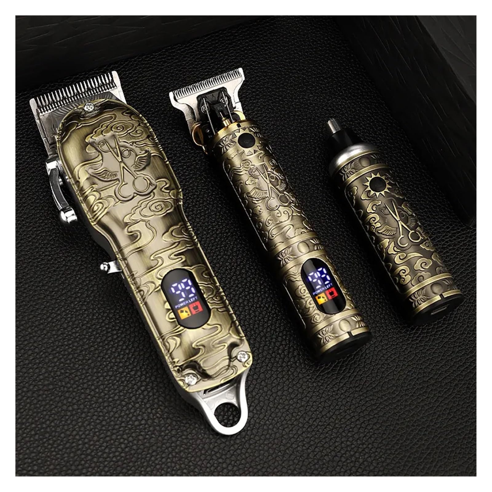 Professional Electric Barber Razor Set - Push & Shear Clipper with Oil, Nose Hair Trimmer & Carving Pusher - Bronze Gift Box for Men's Grooming | Perfect for Home Haircuts, Beard Trimming & Personal Care