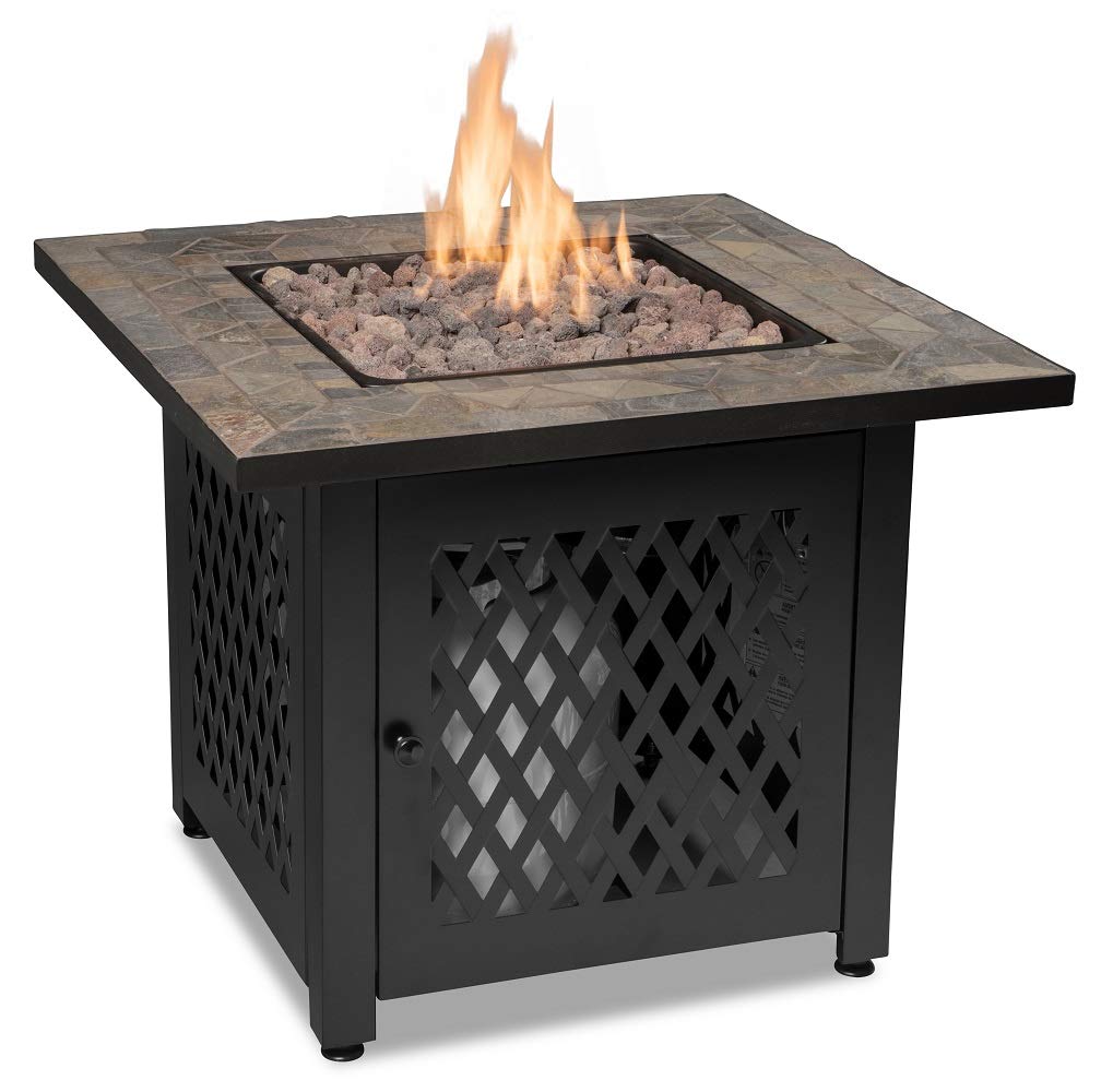 30,000 BTU Brown LP Gas Outdoor Fire Pit Table - 30 Inch Square with Slate Tile Mantel, Diamond Steel Base & Lava Rocks - Perfect for Patio, Backyard, Deck & Garden Gatherings with Included Weatherproof Cover