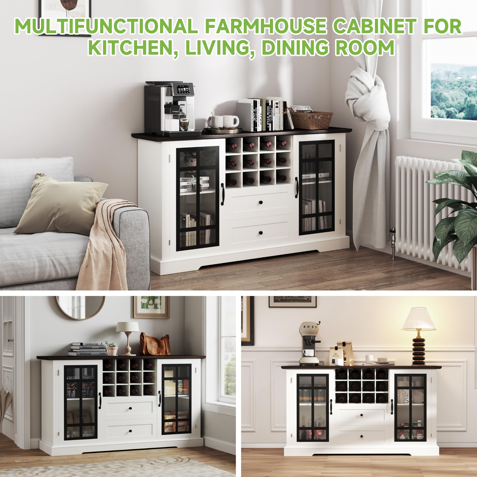 Real Relax Farmhouse Buffet Cabinet with Storage - 59'' Large Sideboard Wine & Coffee Bar Cabinet with 2 Glass Doors & Removable Wine Rack - Kitchen, Dining & Living Room Storage Furniture for Home Entertaining & Organization
