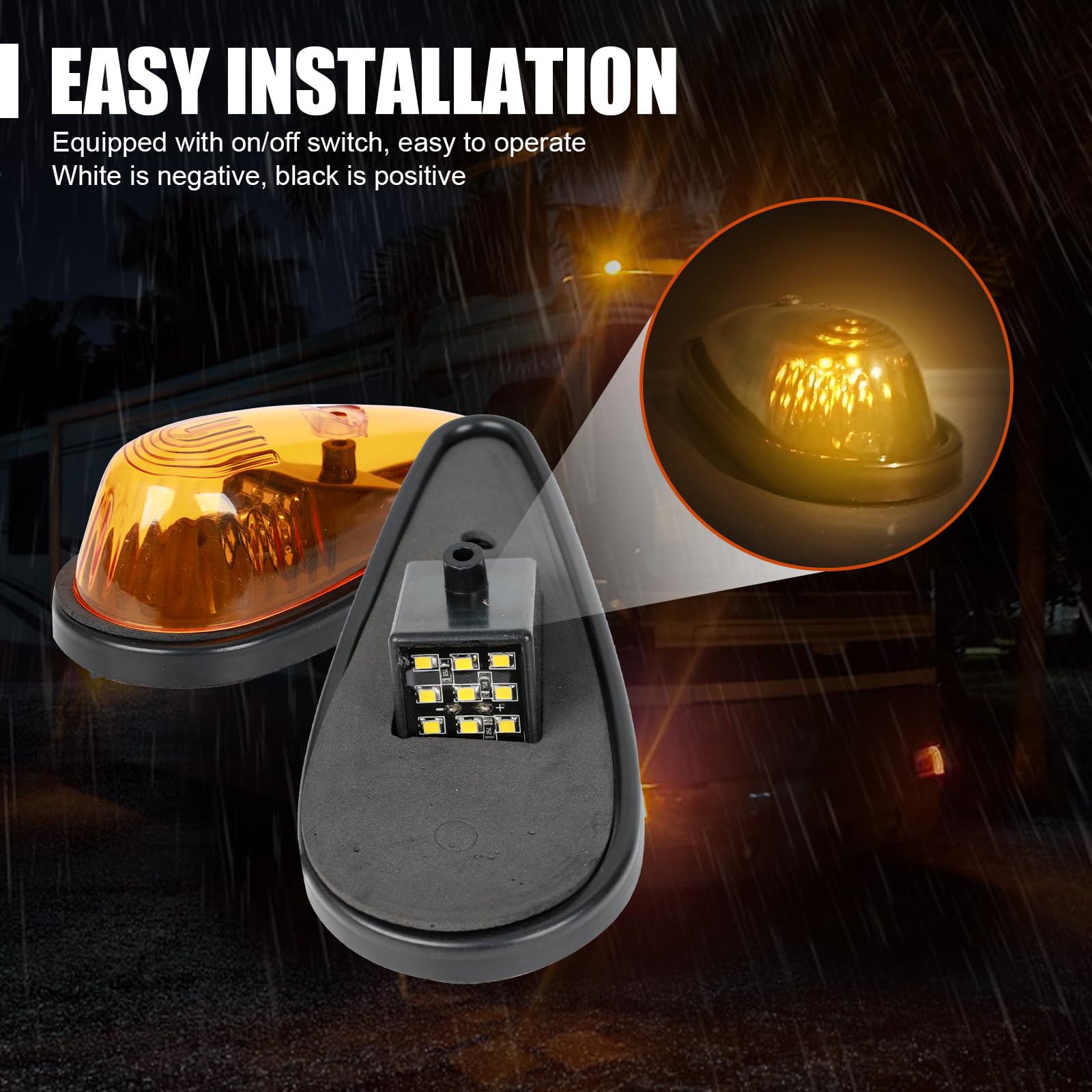 5Pcs Amber Teardrop Cab Lights - 9LED Truck Marker Lights with Wires & Mounting Kit - Waterproof Clearance Roof Running Lights for Pickups, Vans, Semis, RVs - Ideal for Night Driving & Road Safety