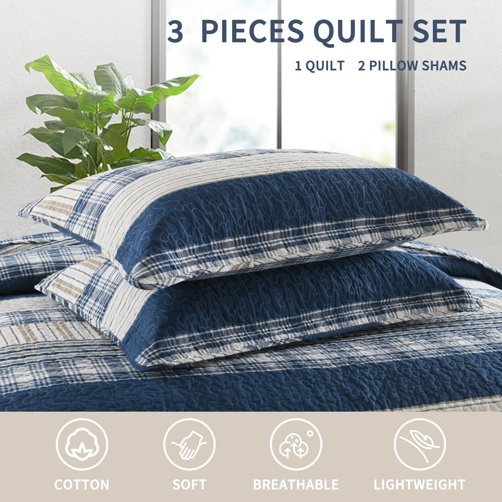Homzard Queen Size Comforter Set - Blue White Tan Striped Quilt, Plaid Farmhouse Bedspread, Lightweight All-Season Bedding (3-Piece) | Perfect for Cozy Farmhouse & Modern Bedroom Decor