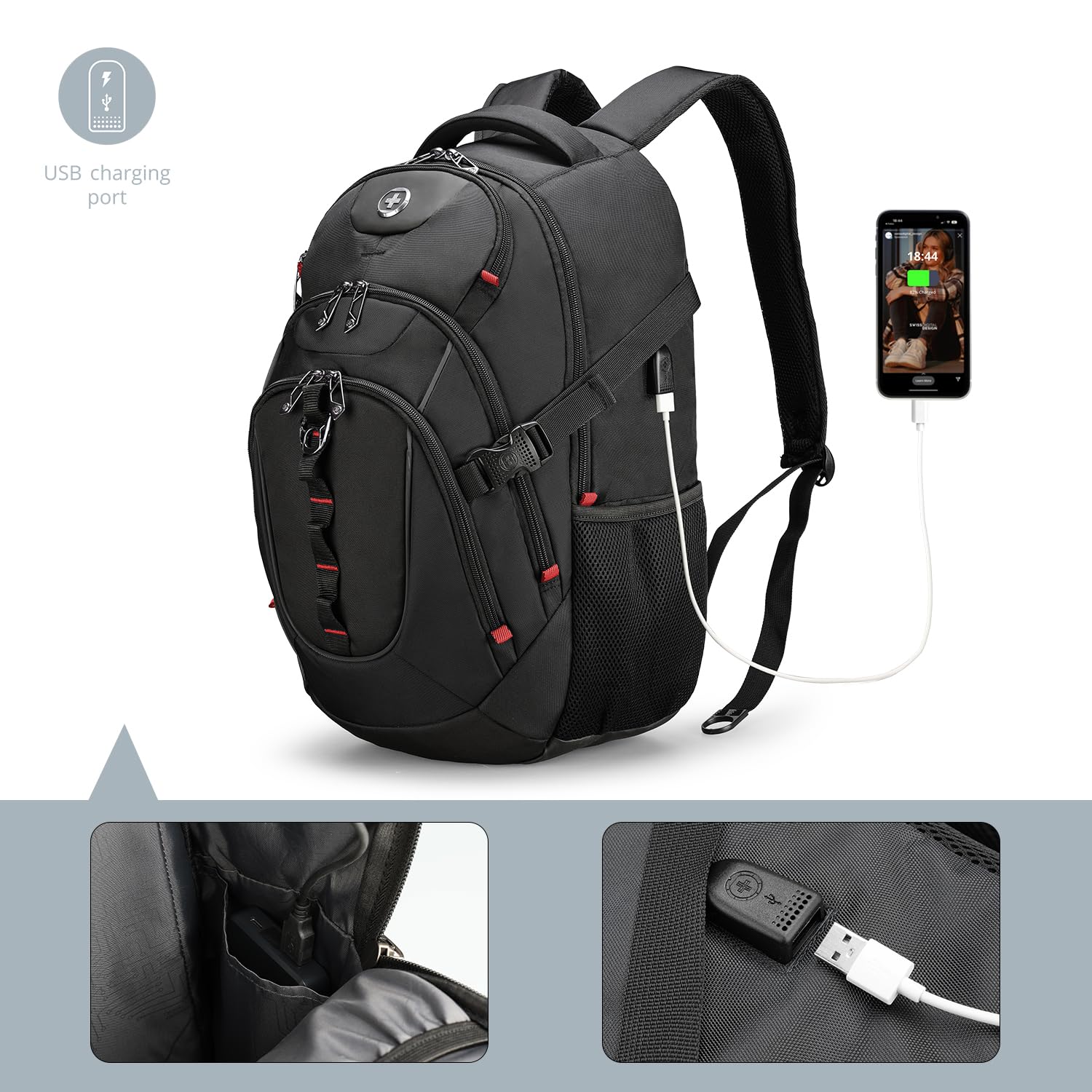 Swissdigital Business Laptop Backpack with USB Charging Port - Water Resistant 15.6 Inch Laptop Backpack for Men & Women - Perfect for Office, College, Travel & Commuting - Black (SD803)