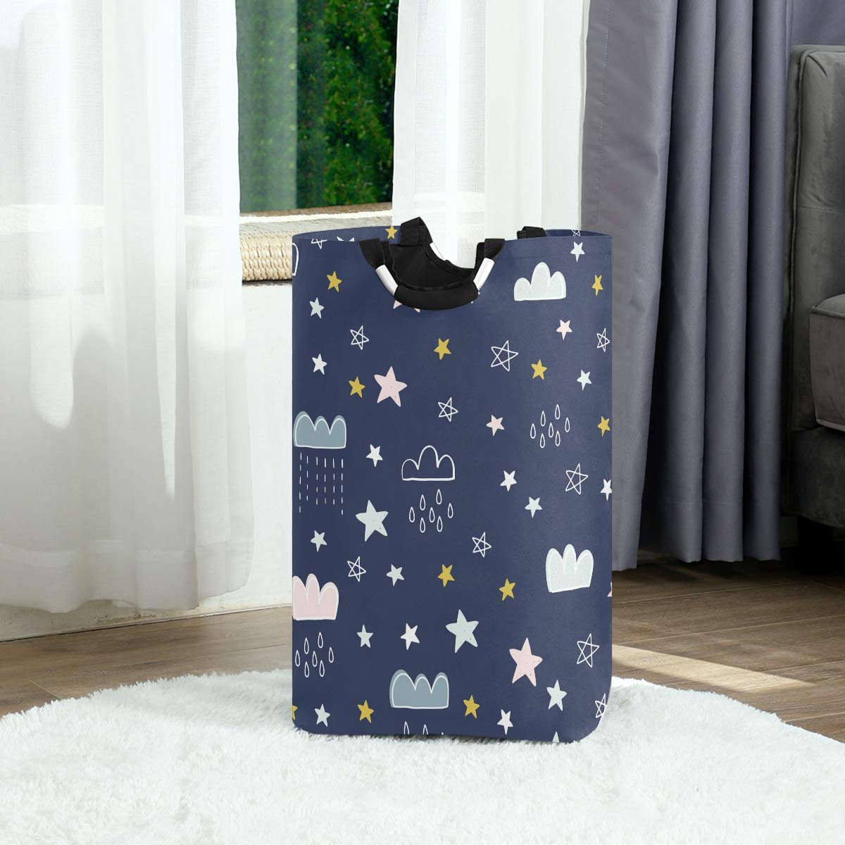 Vikko Foldable Kids Laundry Basket - Cute Star Cloud Moon Design, Blue Clothes Hamper Organizer for Toys, Books & Bedroom Storage | Perfect for Nursery, Playroom & Dorm Organization